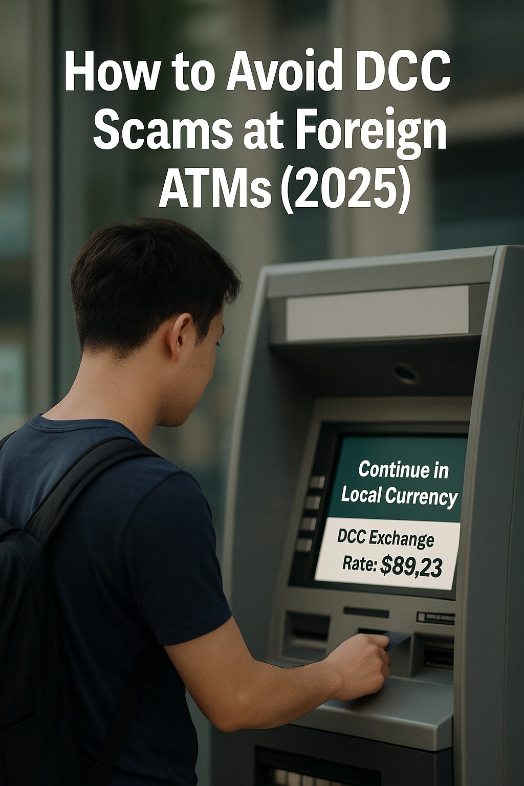 ATM screen showing DCC exchange option with user about to select “Local Currency”