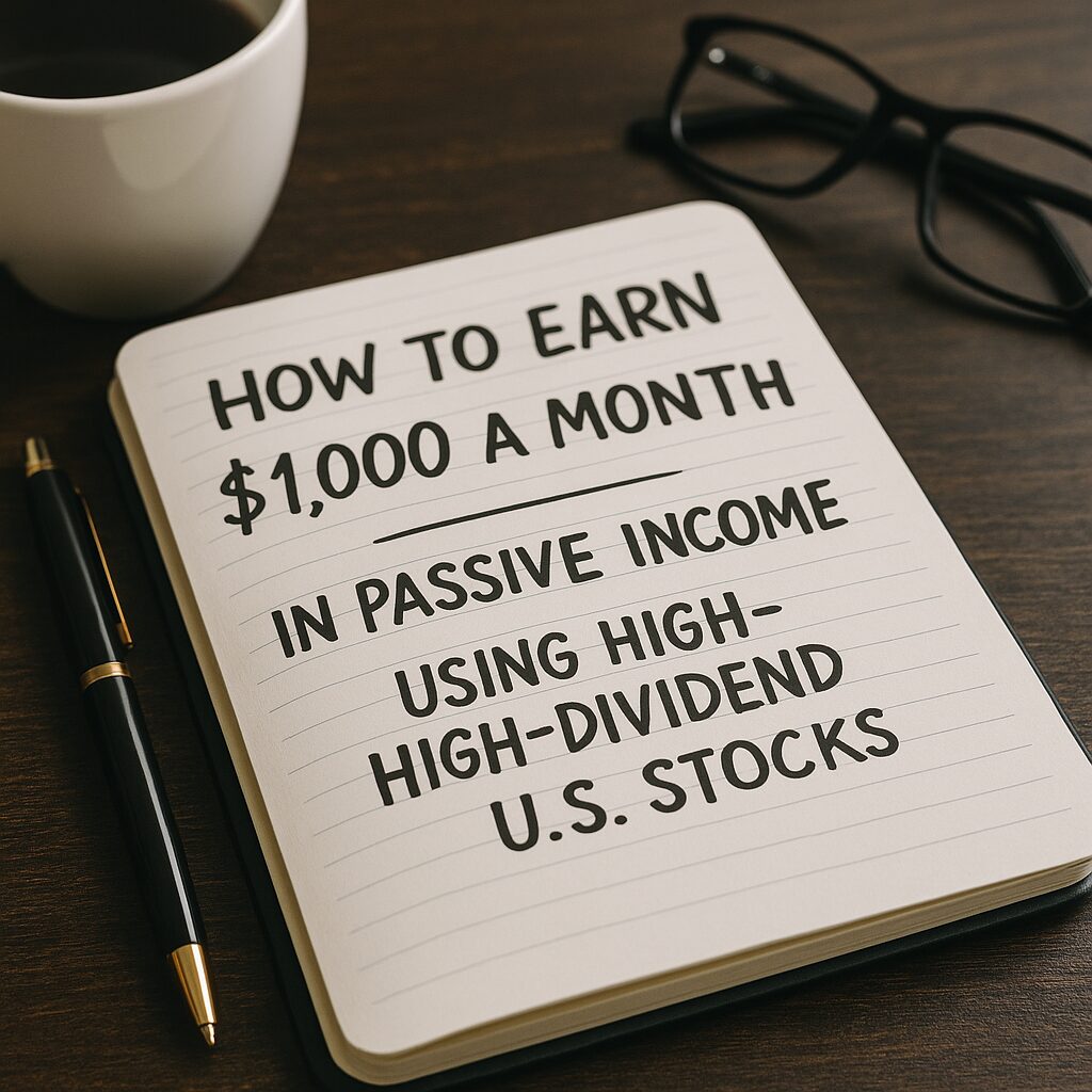 A notebook on a wooden desk displaying the title “How to Earn $1,000 a Month in Passive Income Using High-Dividend U.S. Stocks,” surrounded by a pen, coffee cup, and glasses.