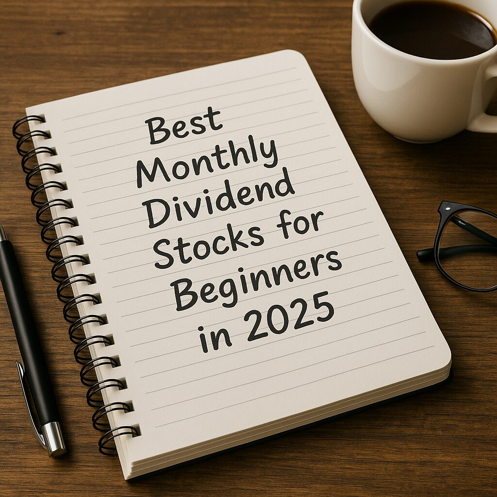 A spiral-bound notebook on a wooden desk with the handwritten title “Best Monthly Dividend Stocks for Beginners in 2025,” alongside a pen, eyeglasses, and a coffee cup.