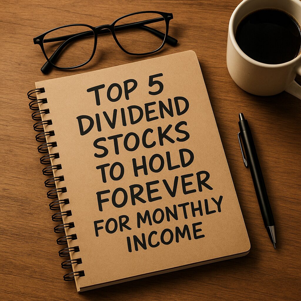 A spiral notebook on a wooden desk displaying the handwritten title “Top 5 Dividend Stocks to Hold Forever for Monthly Income,” with a pen, eyeglasses, and a coffee cup placed nearby in soft natural lighting.
