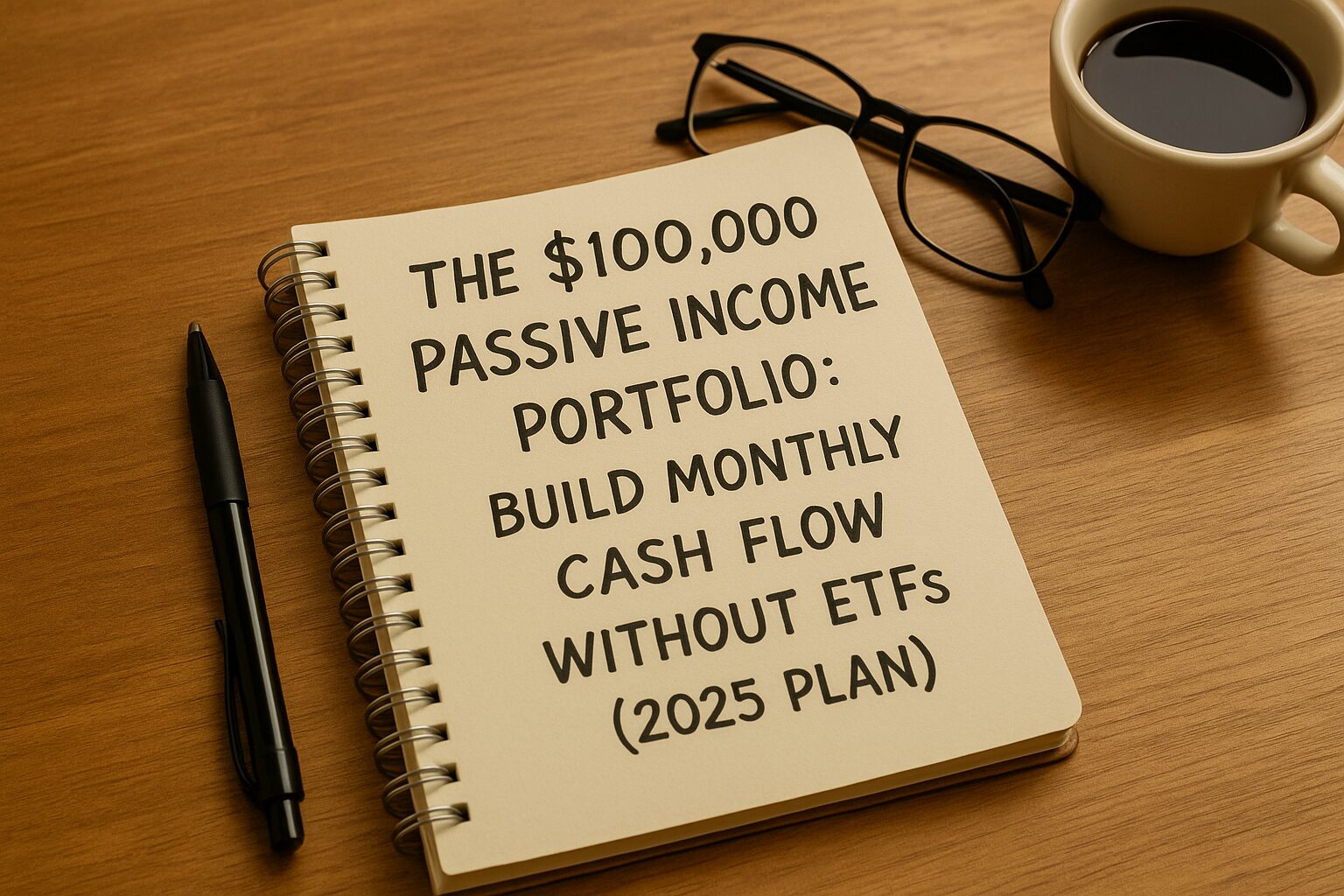 A spiral-bound notebook on a wooden desk displaying the handwritten title “The $100,000 Passive Income Portfolio: Build Monthly Cash Flow Without ETFs (2025 Plan),” accompanied by a pen, eyeglasses, and a coffee cup.