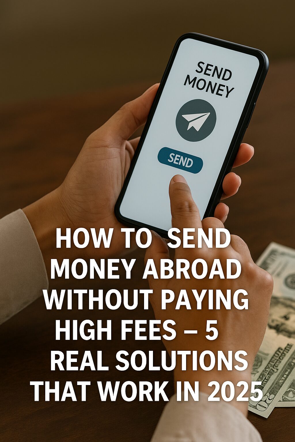 Person using a smartphone app to send money internationally without paying high fees, with US dollars visible