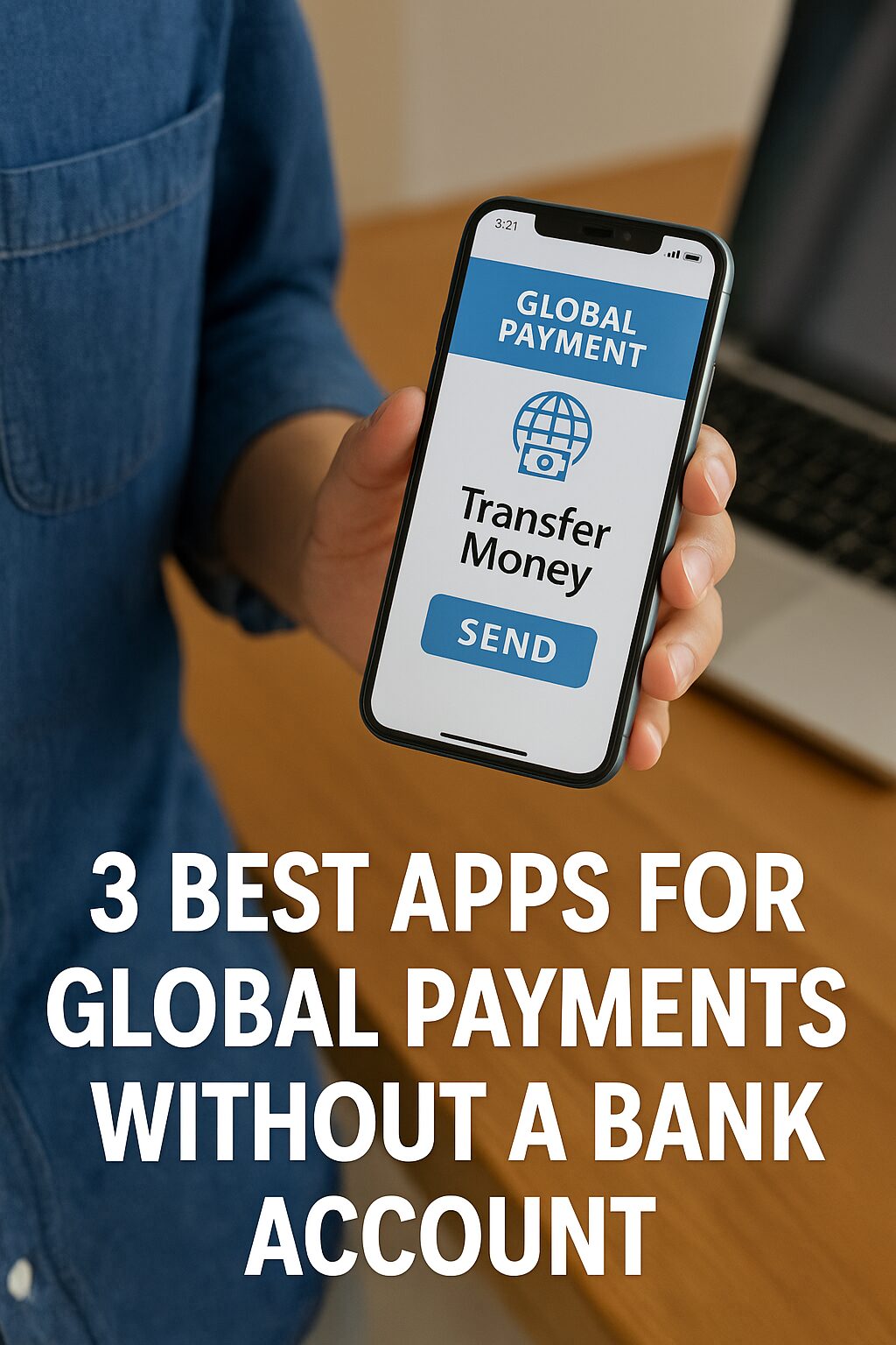 A person holding a smartphone with a global transfer app, promoting digital payments without traditional banks.