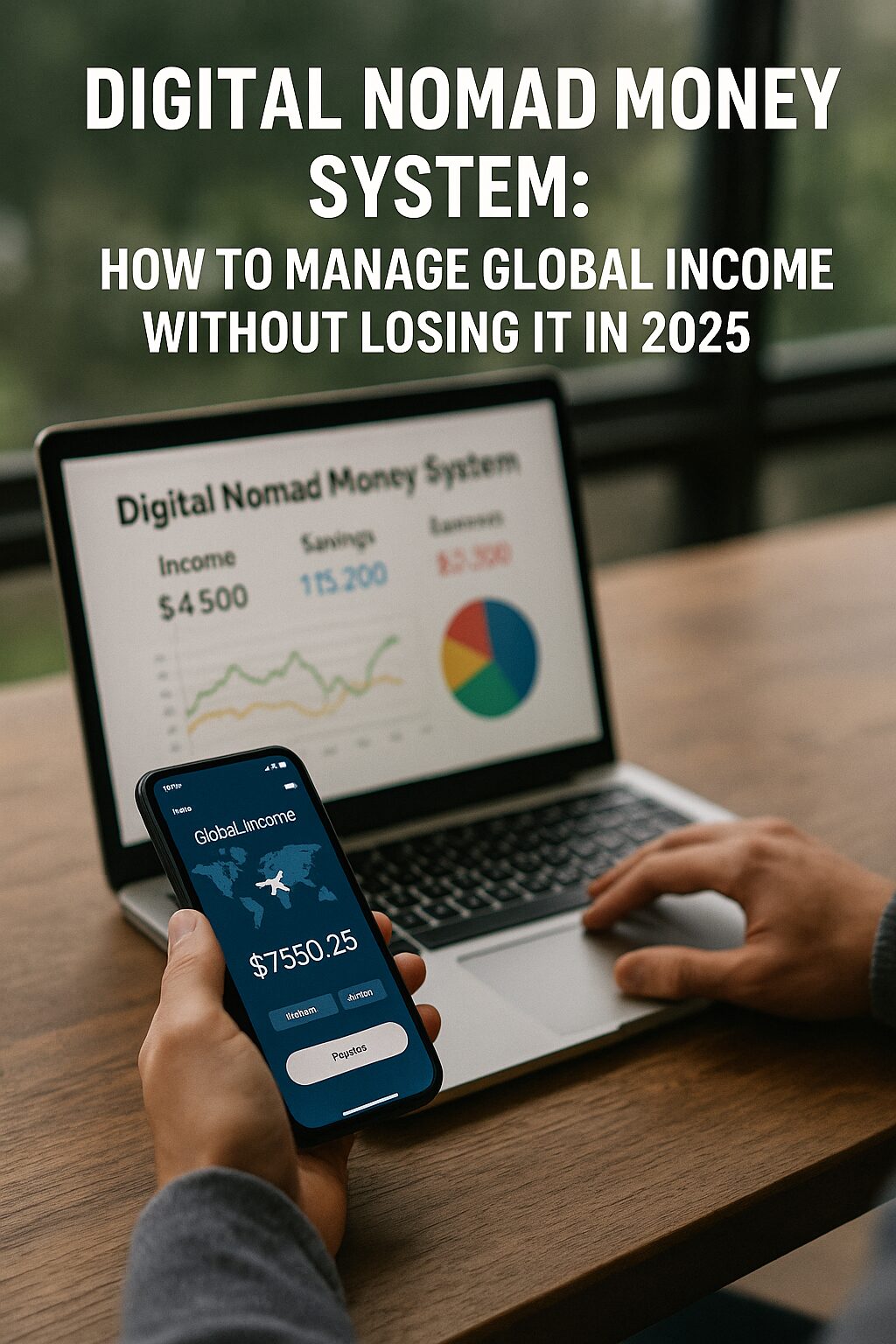 A digital nomad managing income across countries using a laptop and phone with finance apps.