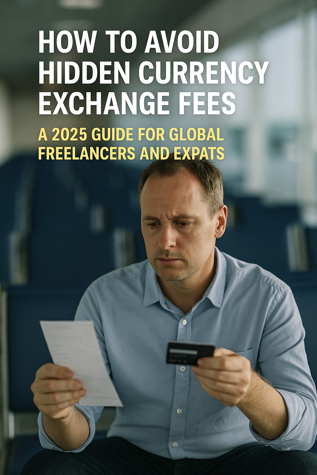 A man sitting in an airport, holding a credit card and a paper, reviewing exchange fees with serious expression.