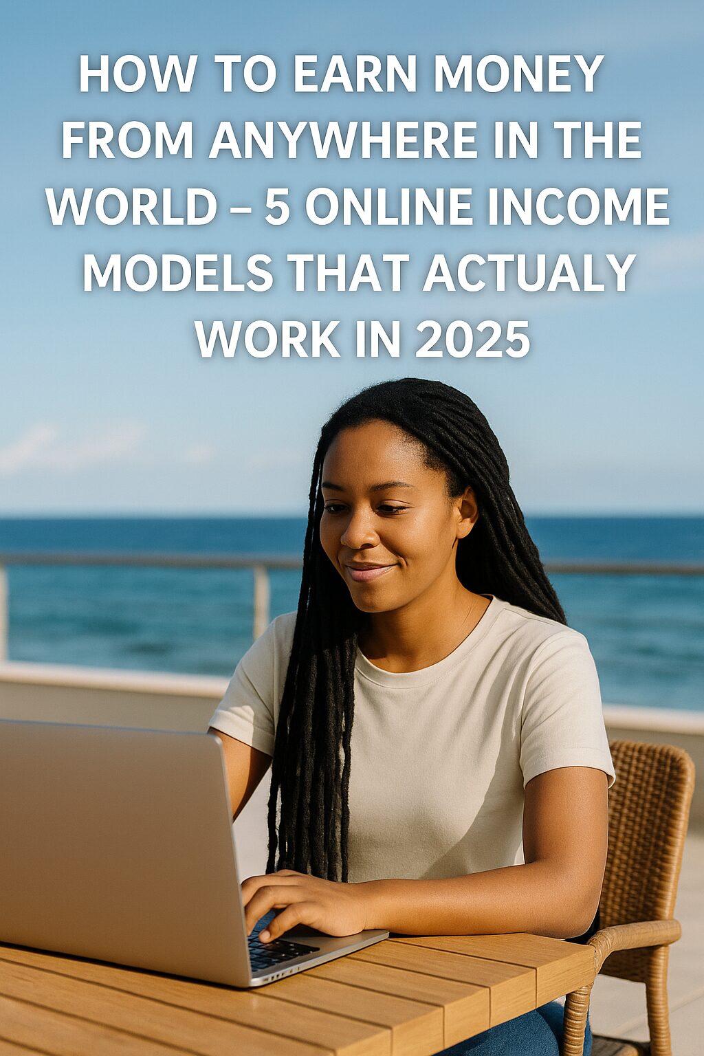 A young woman working remotely on her laptop at an ocean-view table, symbolizing freedom to earn online from any location.
