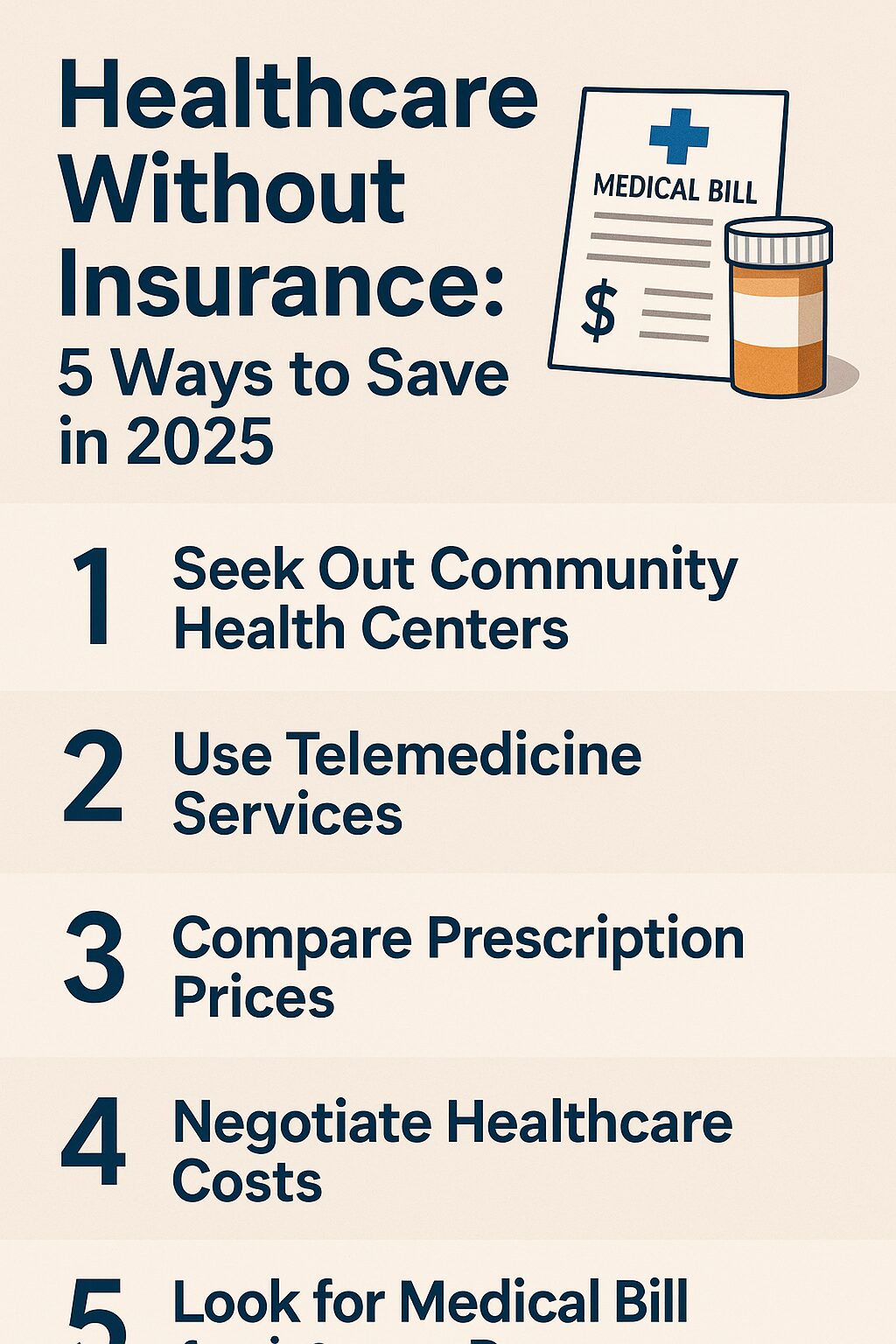 A clean infographic displaying five strategies to save on healthcare without insurance, including icons of a medical bill, pill bottle, and digital tools.