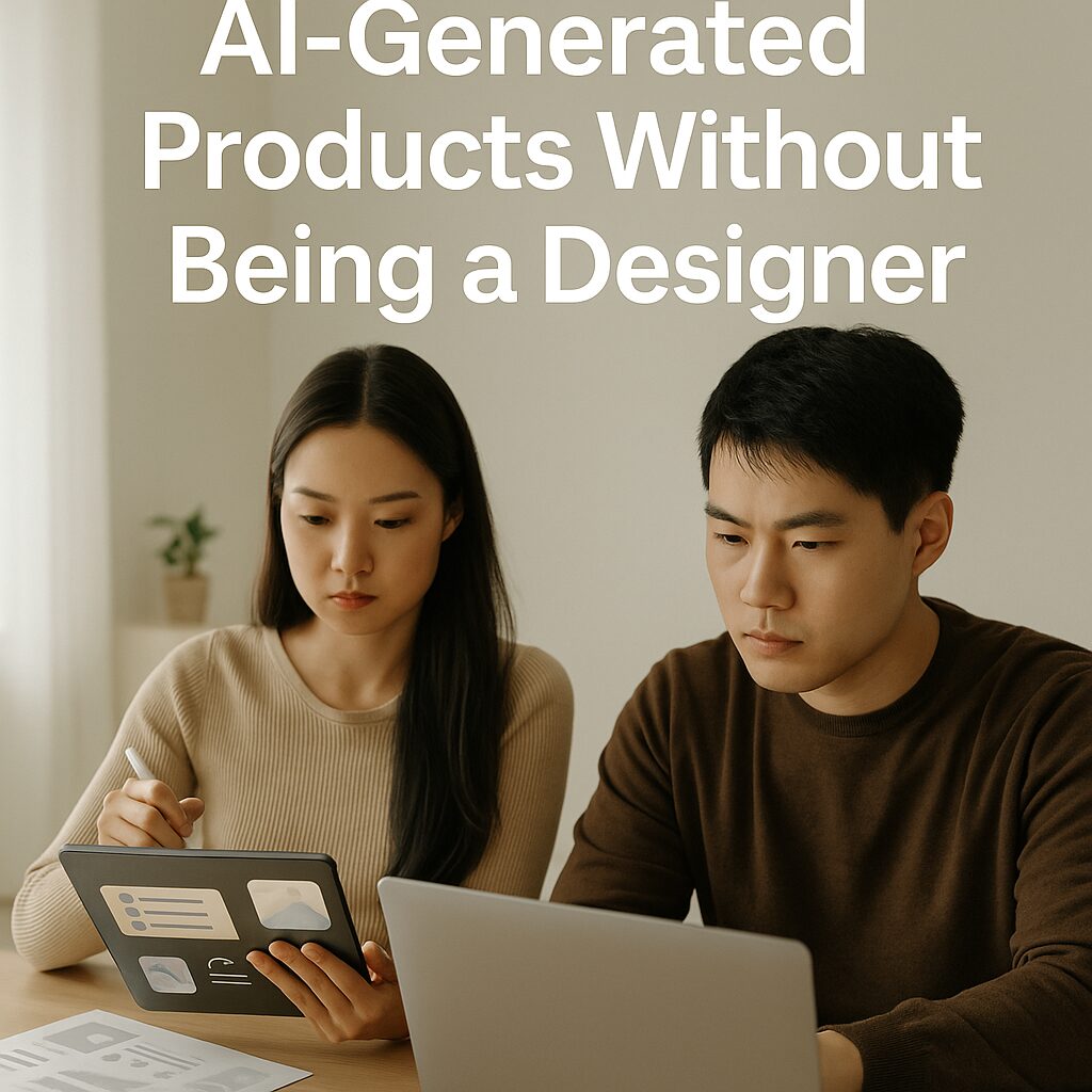 A young East Asian couple working from home using a laptop and tablet to design AI-generated products, surrounded by stationery and a coffee mug. The photo includes overlaid title text.