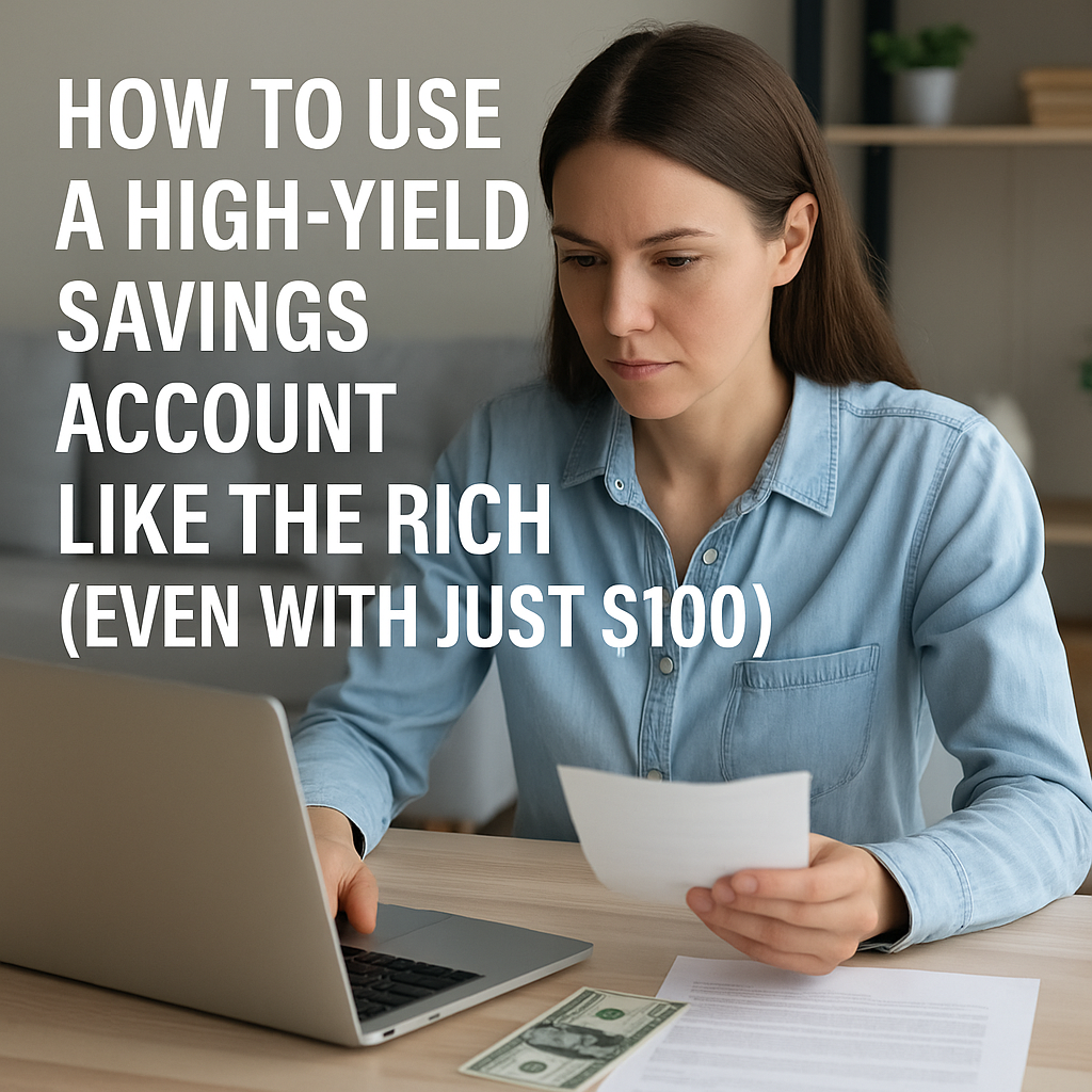 A young woman sits at a modern desk with a laptop, holding a $100 bill and a savings note, with the text: "How to Use a High-Yield Savings Account Like the Rich (Even with Just $100)"