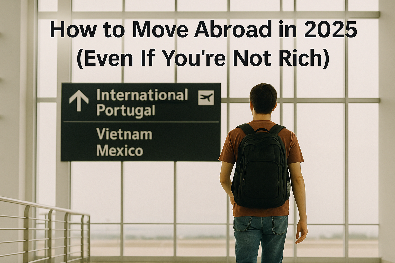 "A person with a backpack walking through an airport toward signs for low-cost global destinations in 2025."