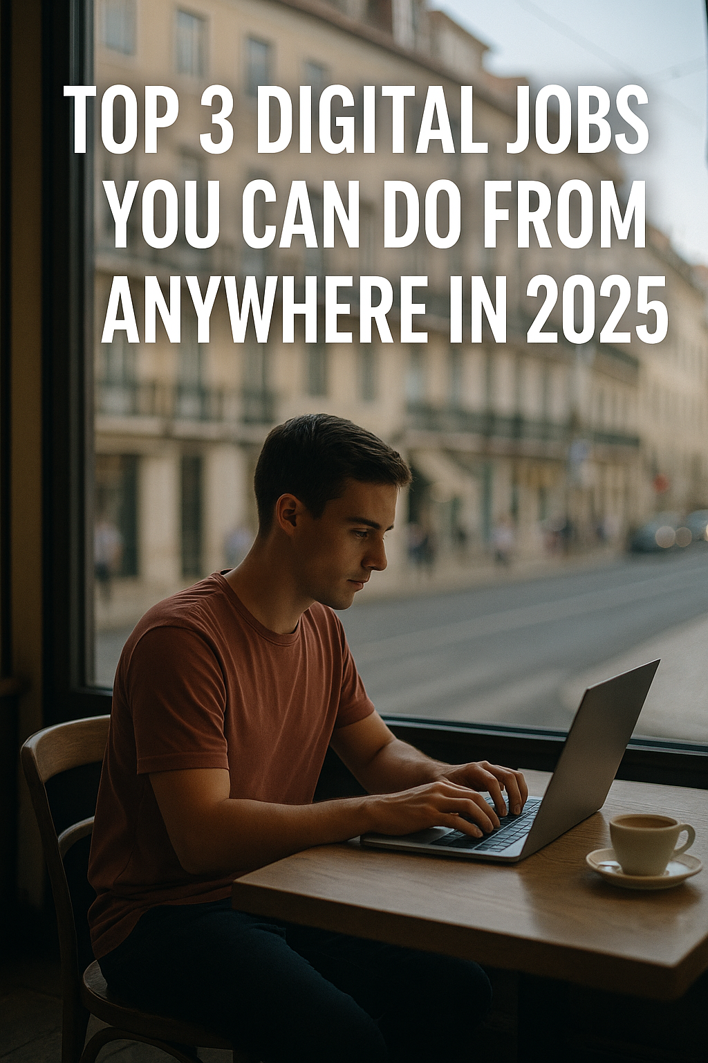 "A digital nomad working on a laptop at a café in 2025, with city life outside the window."