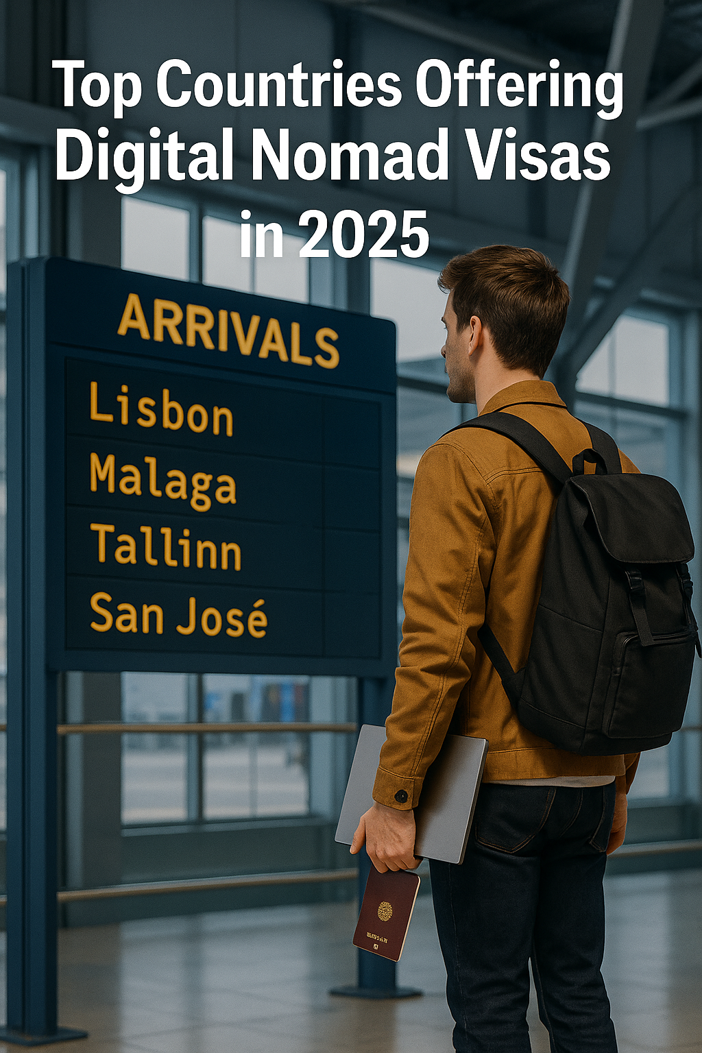 "A digital nomad looking at an airport arrivals screen showing countries that offer digital nomad visas in 2025."