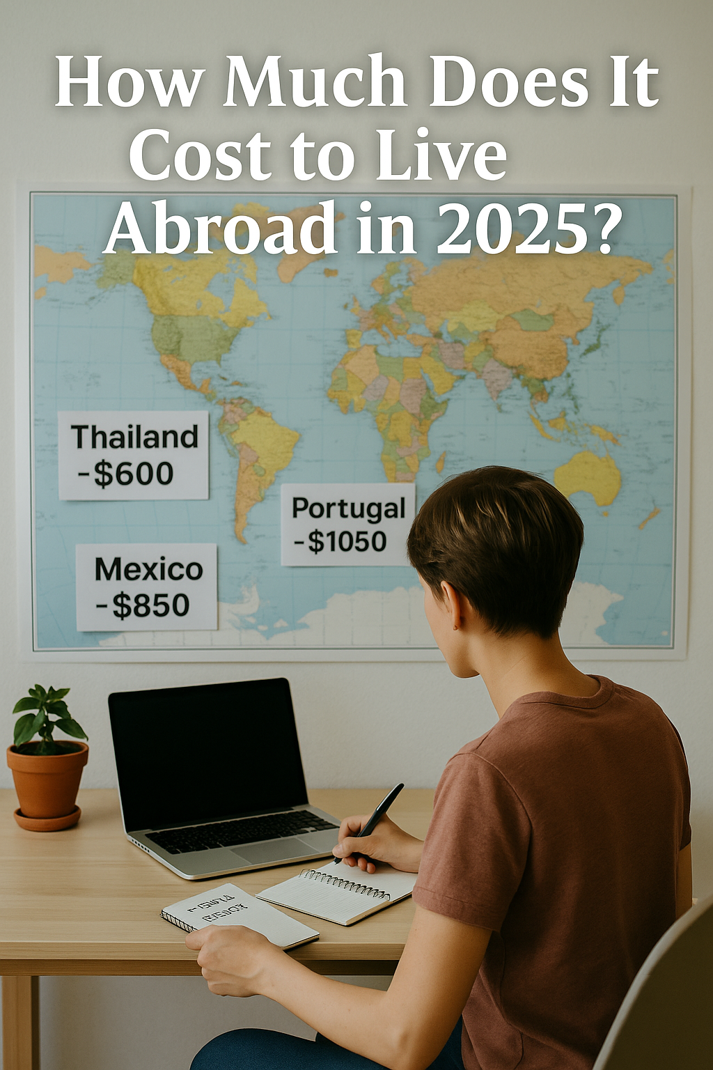 "A solo traveler comparing monthly living costs of countries like Thailand, Portugal, and Mexico using a world map and laptop."