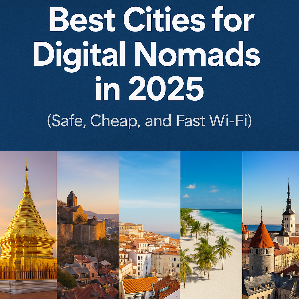 "A collage of five cities—Chiang Mai, Tbilisi, Lisbon, Playa del Carmen, and Tallinn—representing the best places to live and work remotely in 2025."