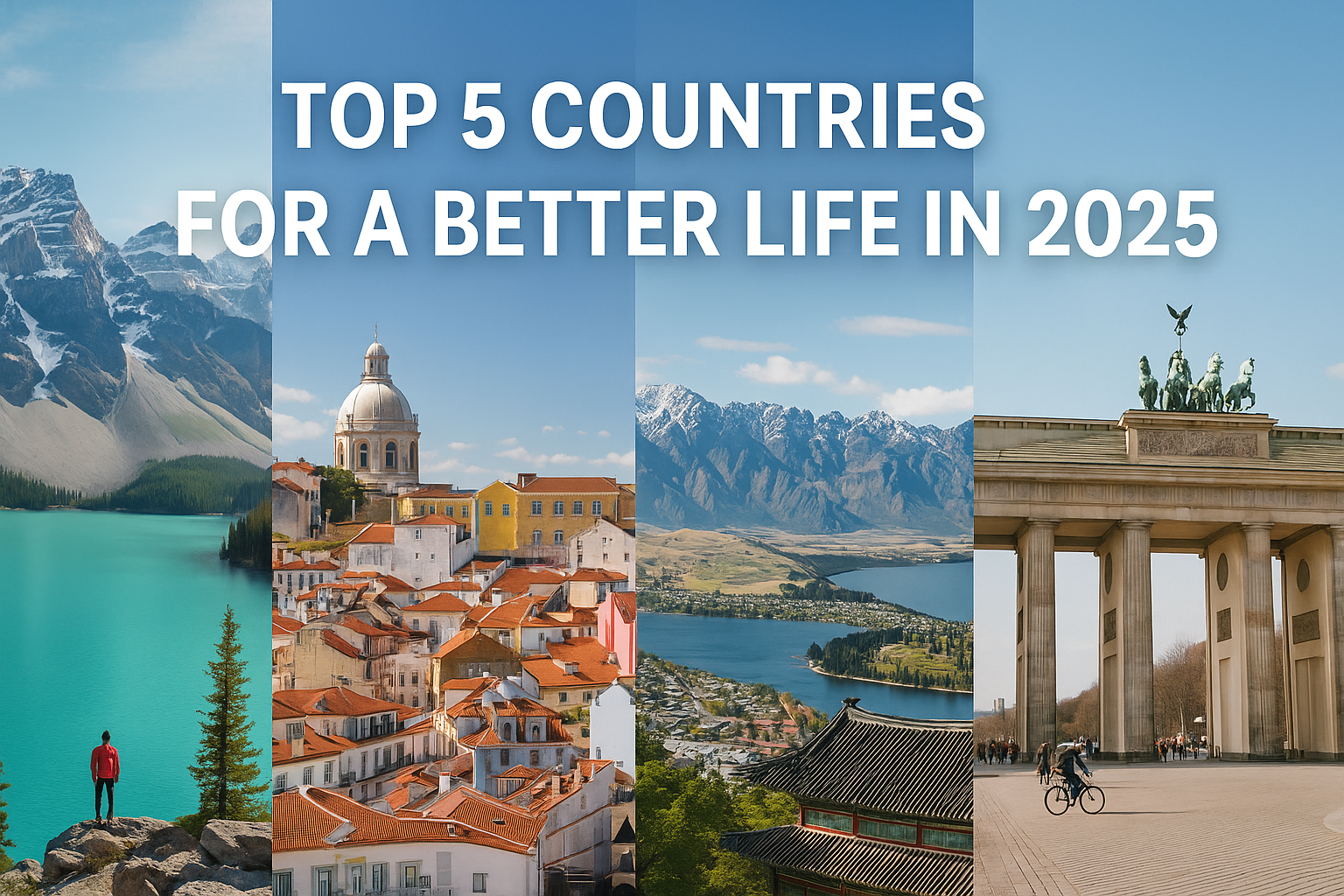 "A digital collage of Canada, Portugal, South Korea, New Zealand, and Germany representing global quality of life in 2025."