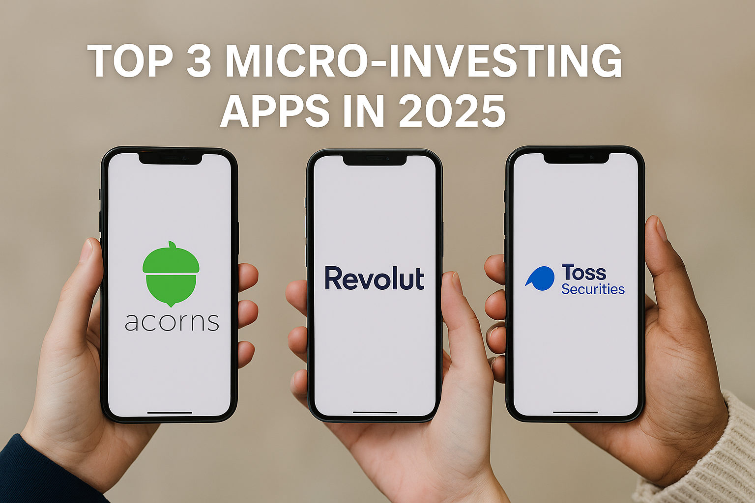 Smartphones displaying Acorns, Revolut, and Toss Securities apps side by side for comparison.