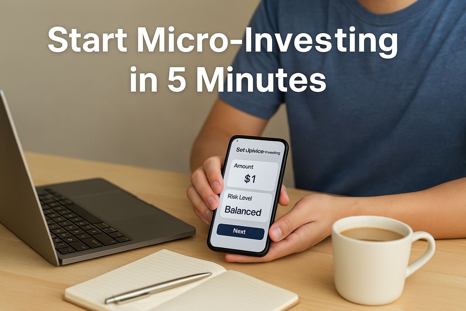 A person using a smartphone to set up a micro-investing app with a coffee and laptop on the desk.