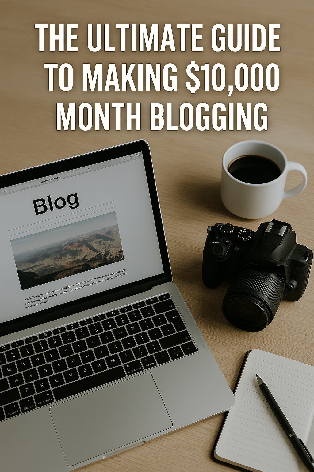A workspace with a laptop showing a blog screen, a DSLR camera, coffee mug, and notebook, overlaid with the title "The Ultimate Guide to Making $10,000/Month Blogging"