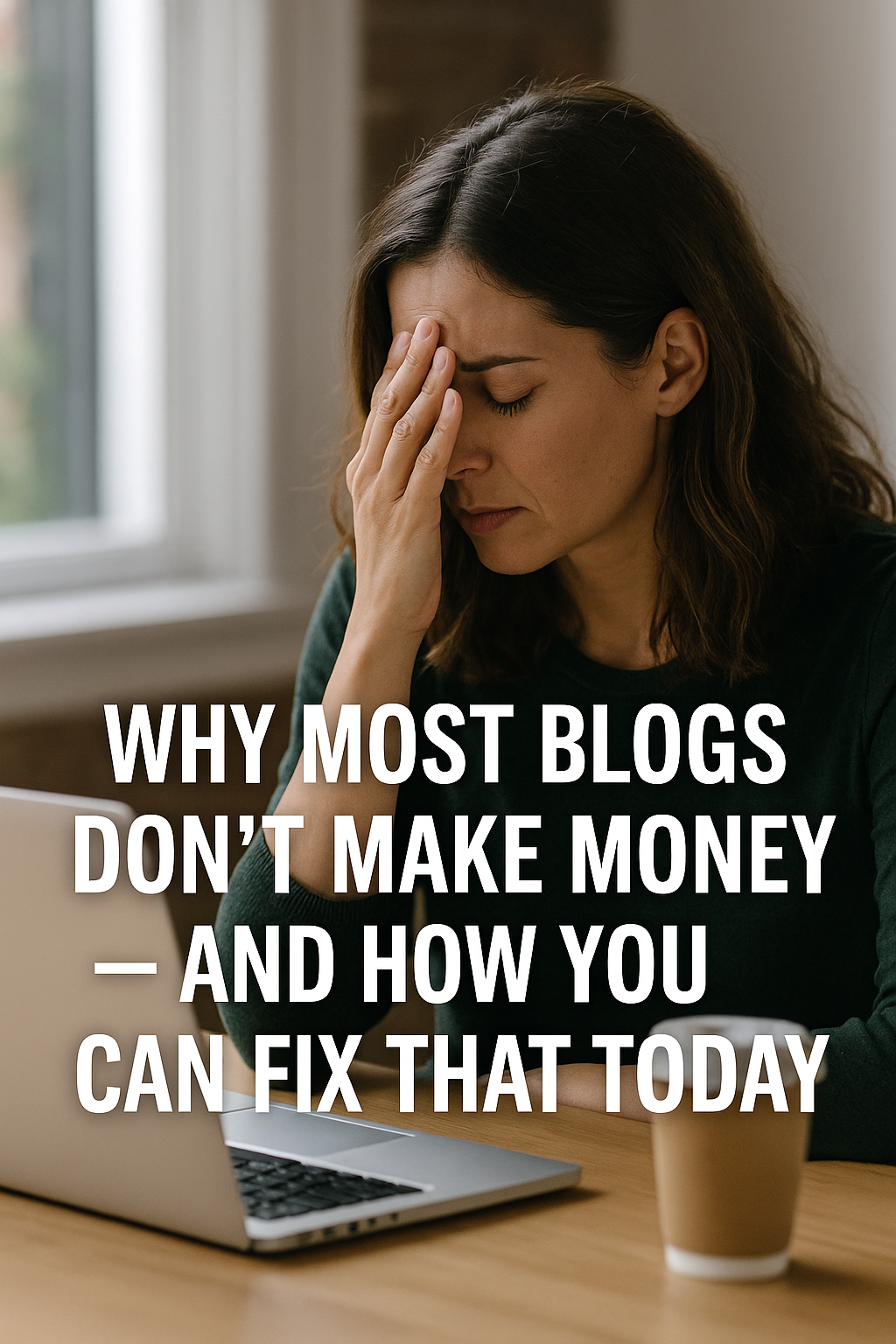 A frustrated woman sitting at a desk with her hand on her forehead, next to a laptop and coffee cup, representing the struggle of monetizing a blog