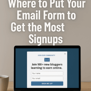 A laptop on a clean wooden desk showing a simple email signup form on screen, inviting users to join 100+ bloggers, with a coffee mug beside it