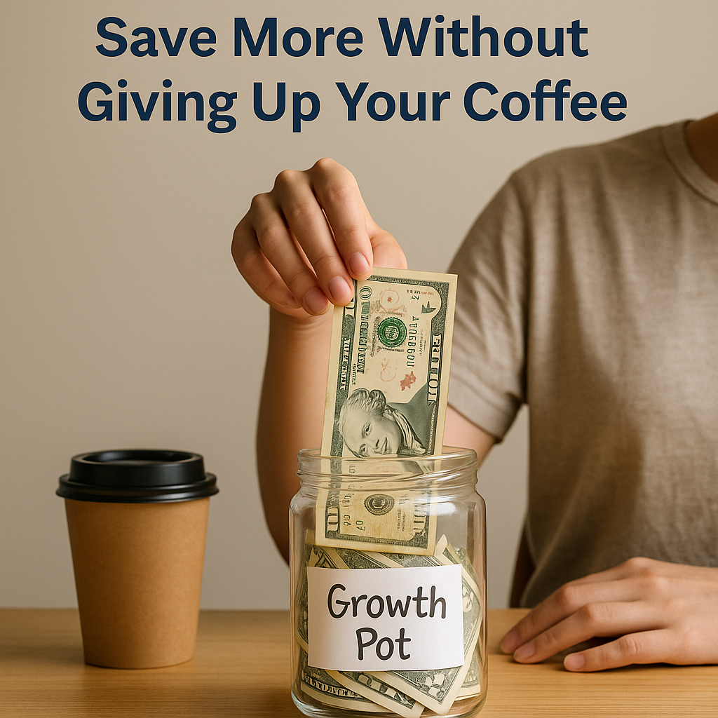 A young person placing a $10 bill into a labeled “Growth Pot” jar next to a coffee cup