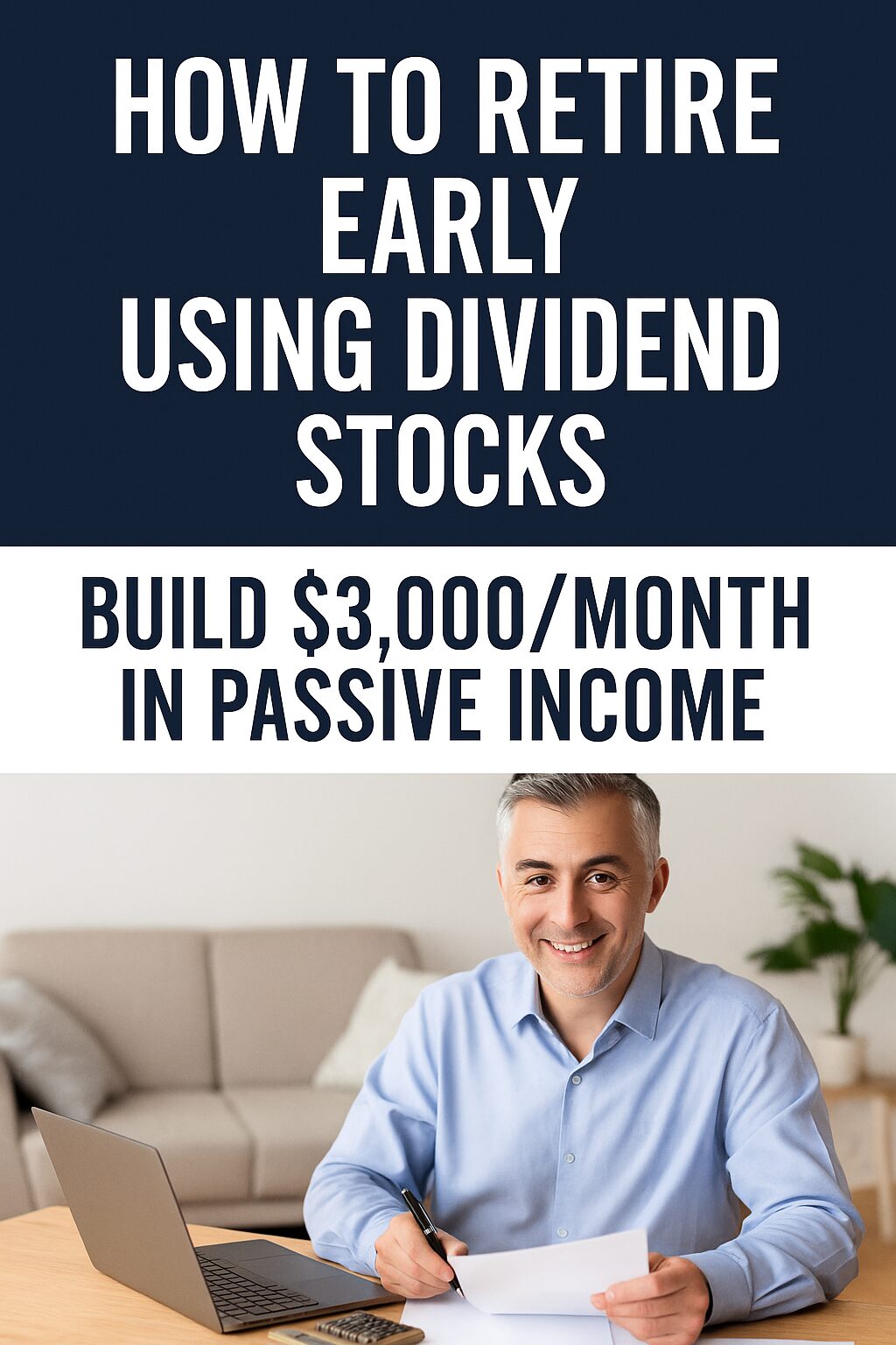 A confident middle-aged investor smiling while reviewing his dividend portfolio on a laptop in a bright home office