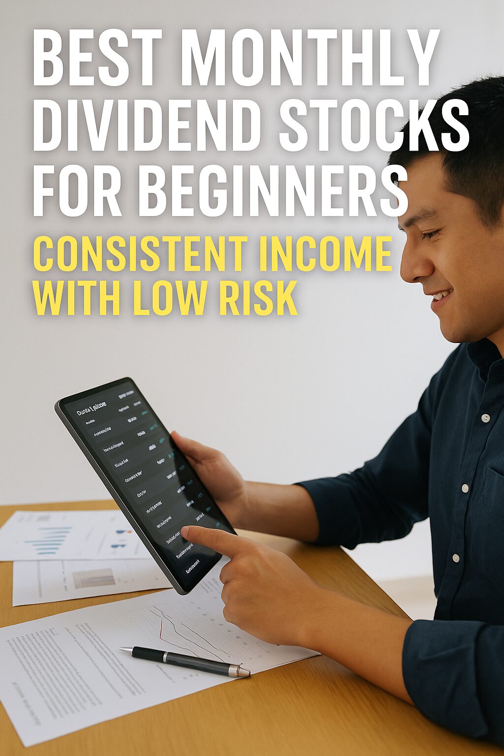 A young investor looking at a list of dividend stocks on a tablet while seated at a desk with financial documents