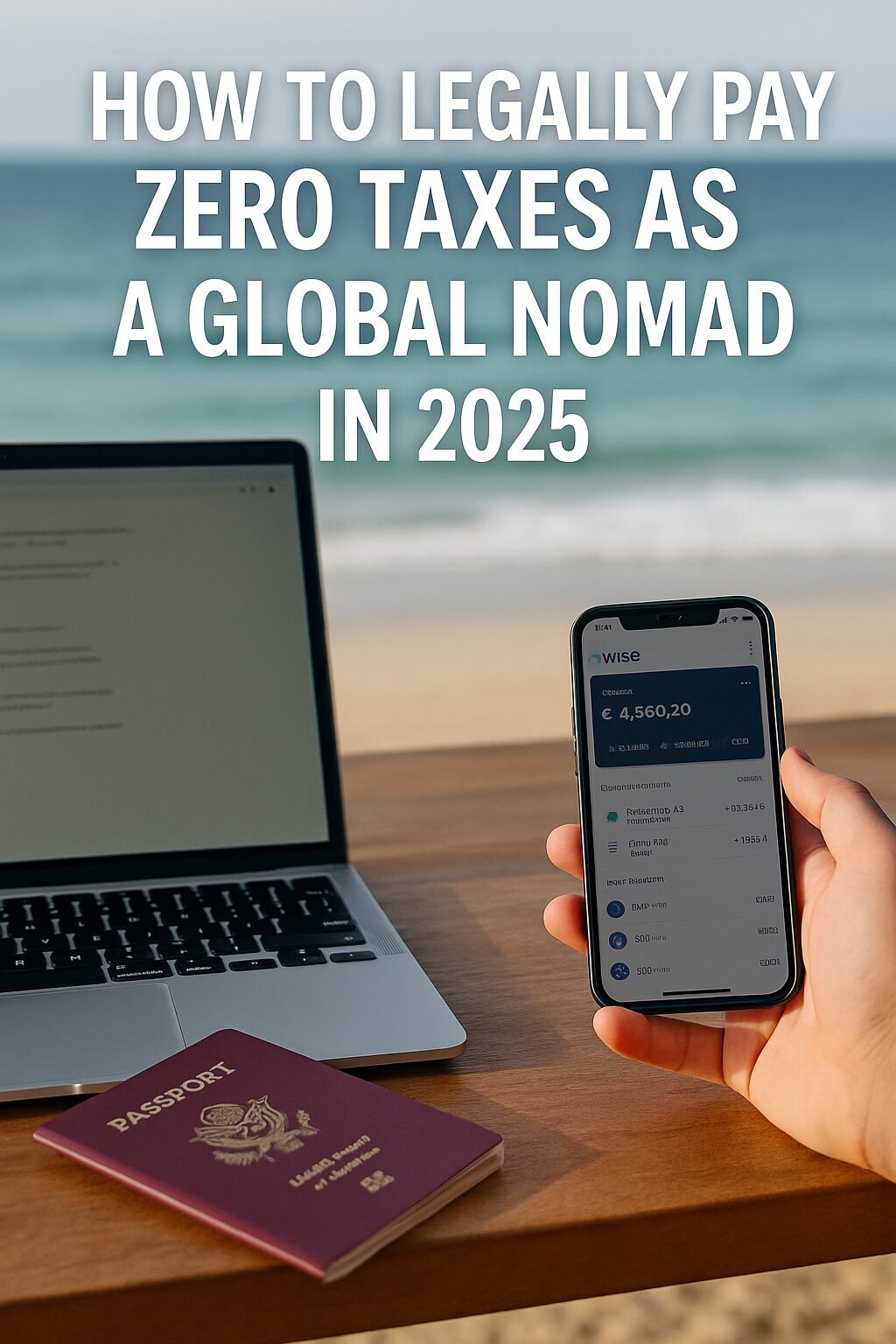 Laptop, passport, and smartphone displaying Wise app on a beach desk, representing a global nomad's tax-free lifestyle.