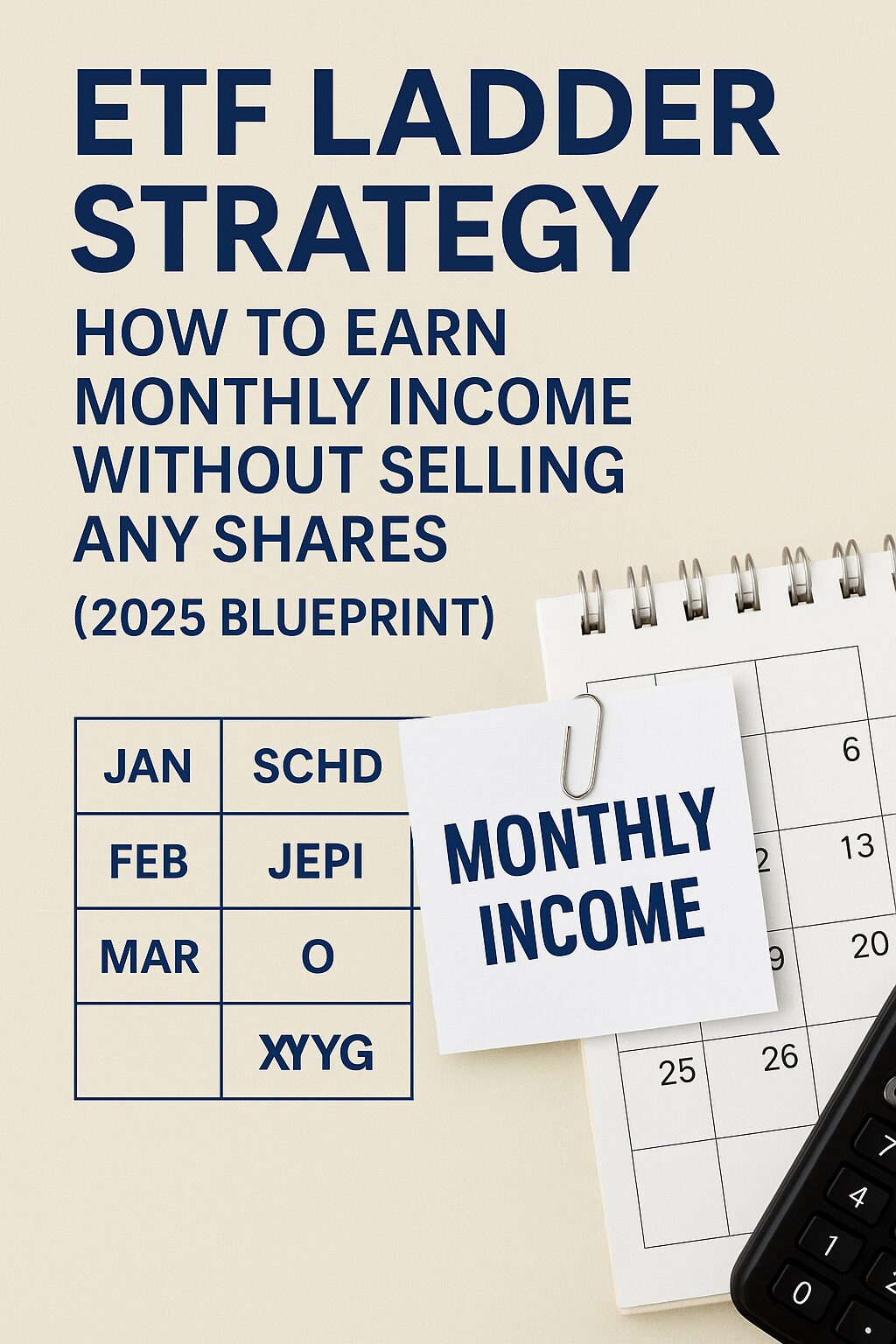 A financial planning desk showing a printed guide titled “ETF Ladder Strategy,” surrounded by a laptop, ETF tickers, and a monthly dividend calendar.