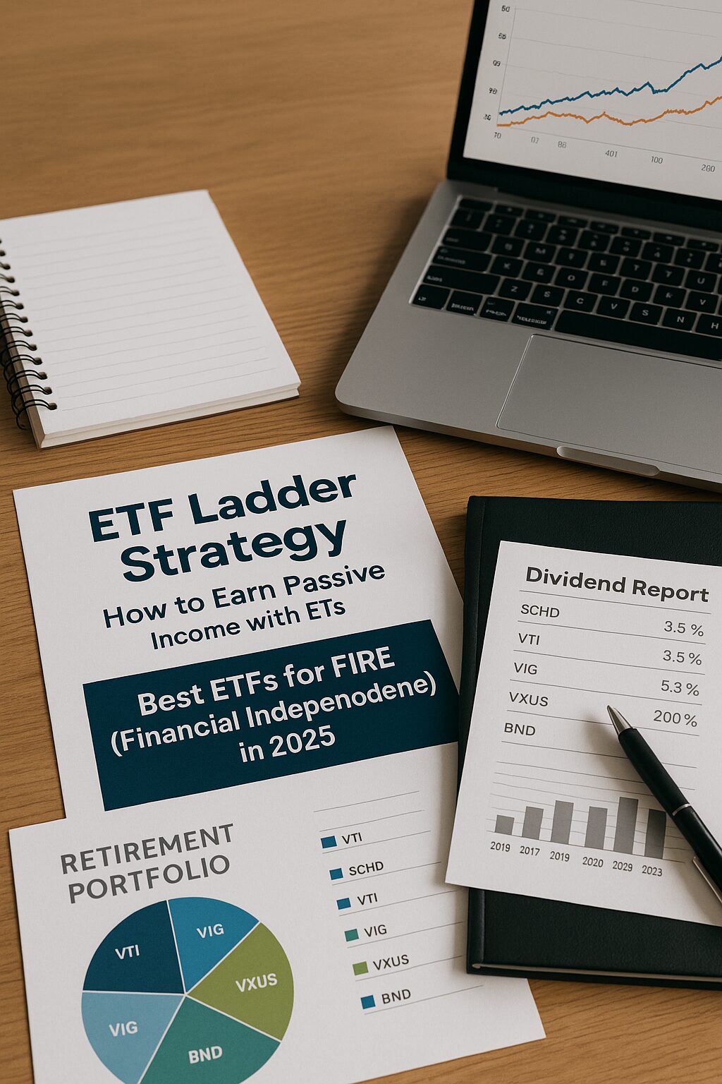 A financial planning desk with charts, notebooks, a laptop showing ETF graphs, and the words “FIRE Strategy 2025” overlaid.