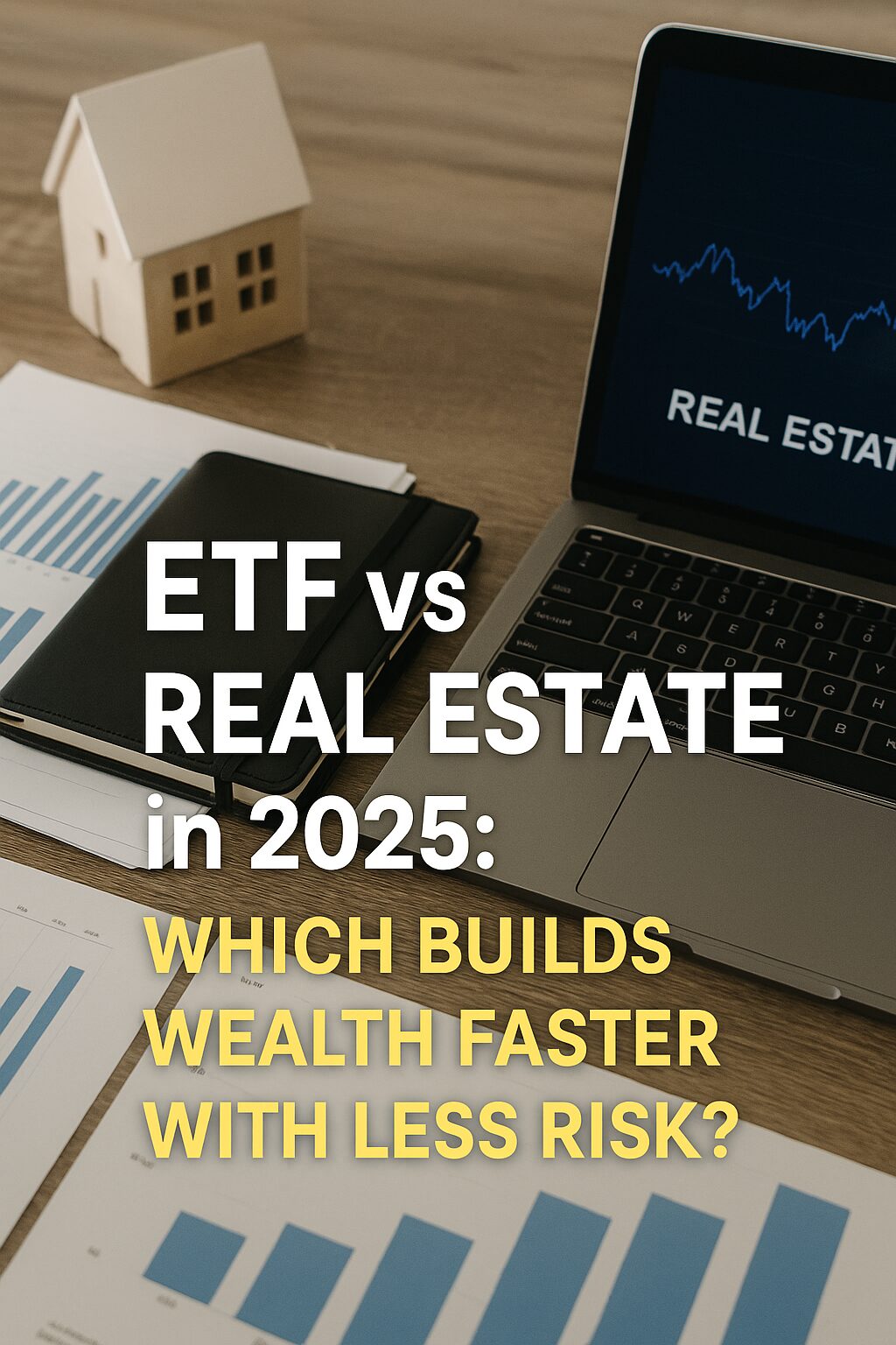 A side-by-side visual of ETF investing tools and a rental property contract, symbolizing the comparison between ETFs and real estate for long-term wealth in 2025.