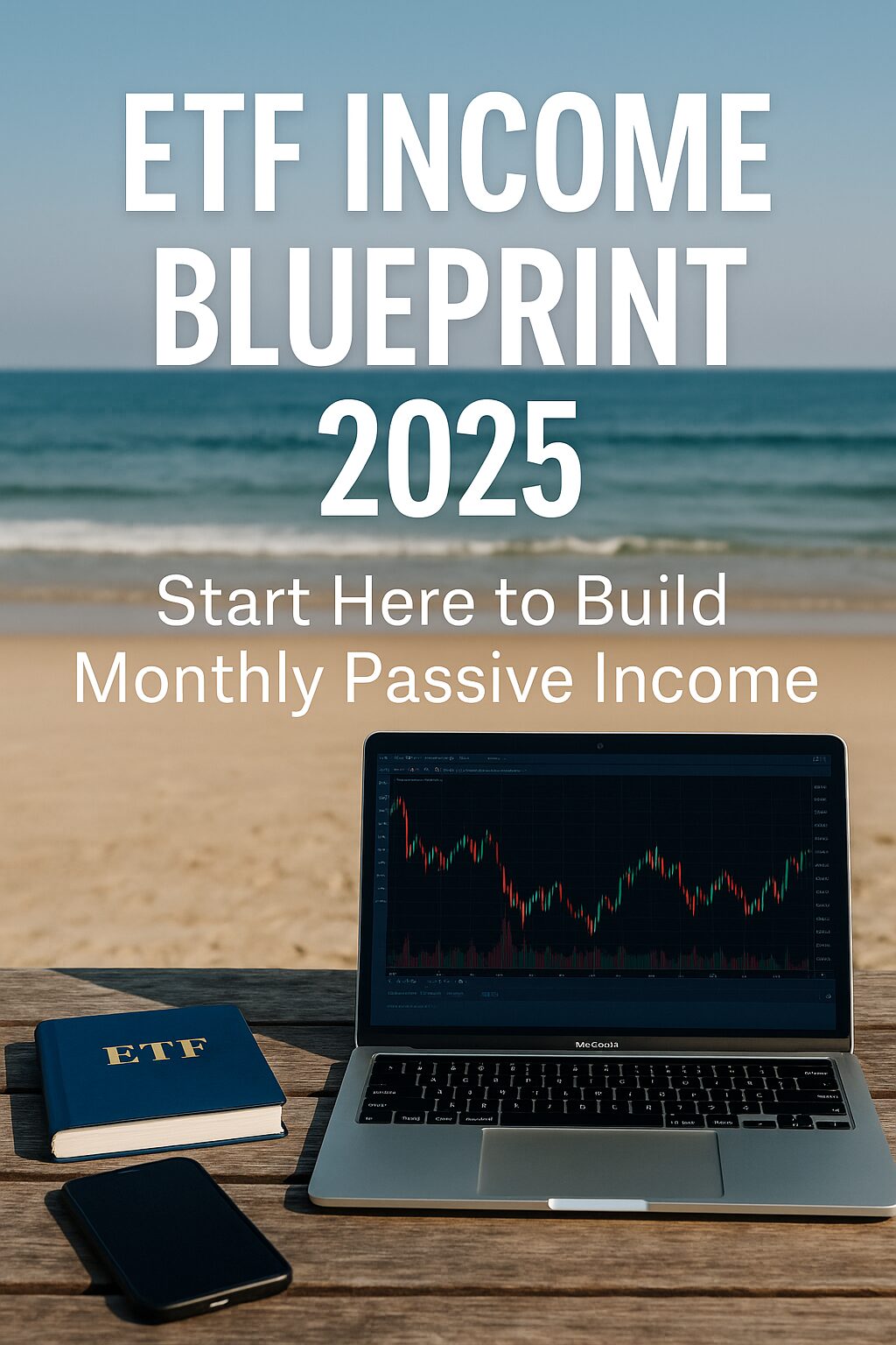 A financial planning workspace with a digital screen and notebook showing ETF tickers and a monthly income blueprint layout.
