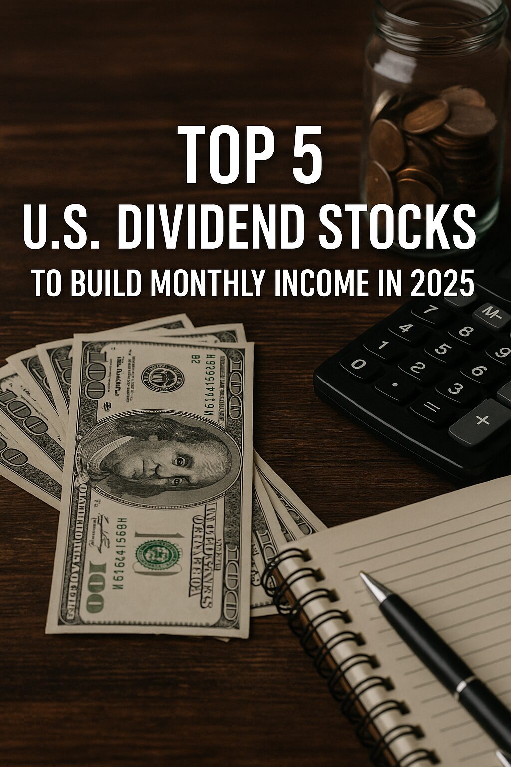 U.S. dollar bills, a calculator, coins in a jar, and a notepad arranged on a wooden table with a headline about dividend stocks for monthly income in 2025.