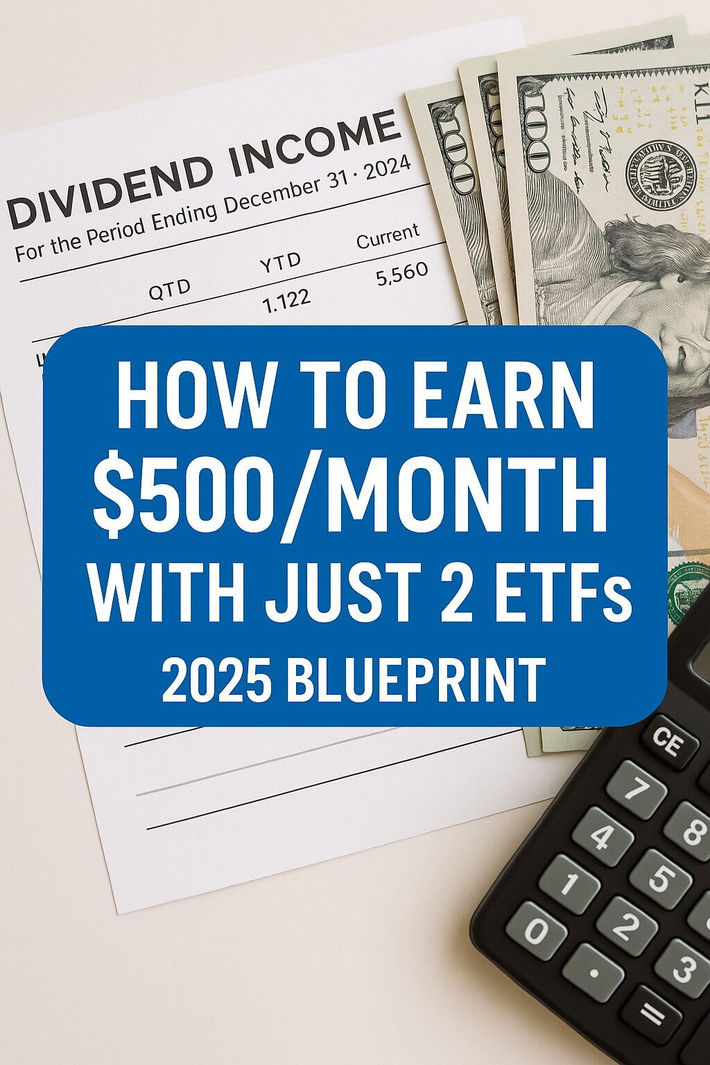 Cover image showing dividend income sheet, US $100 bills, and a calculator, with bold text reading "How to Earn $500/Month with Just 2 ETFs – 2025 Blueprint"