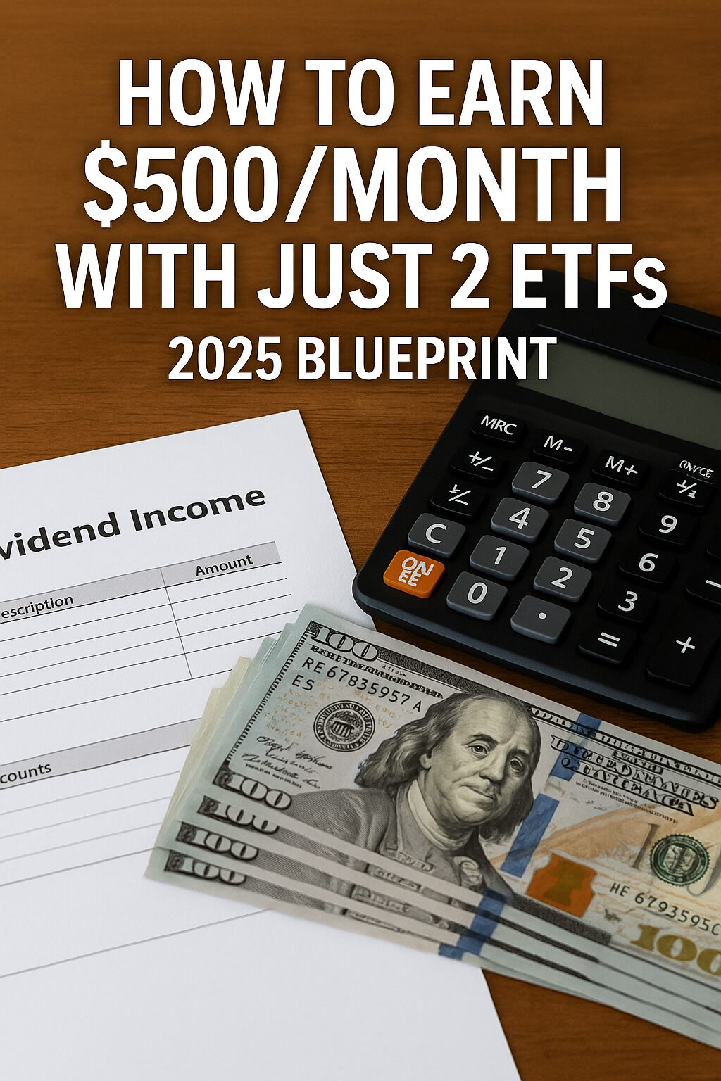 Financial planning setup with dividend income sheet, USD cash, and calculator; text reads "How to Earn $500/Month with Just 2 ETFs – 2025 Blueprint"