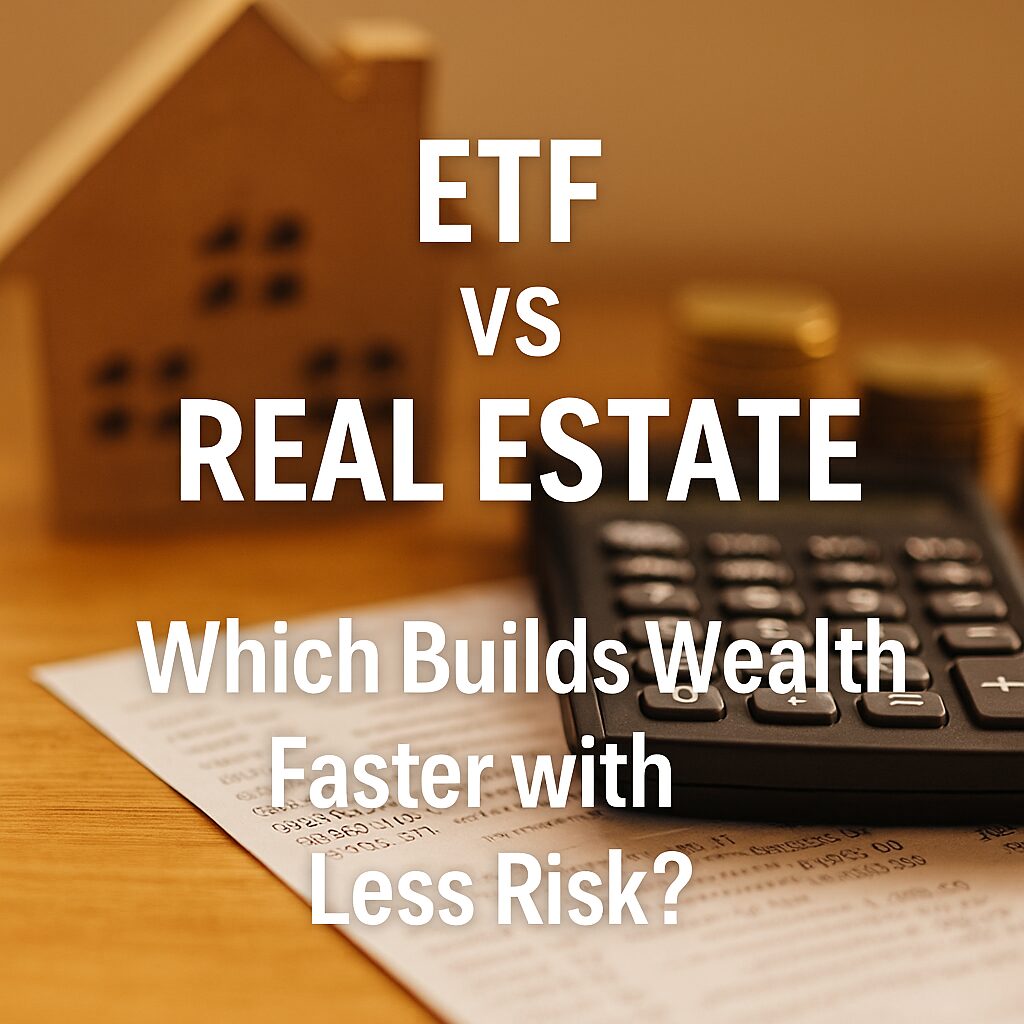 Visual comparison of ETF and real estate investment tools, including a wooden house model, calculator, and coins, emphasizing wealth-building strategies in 2025.