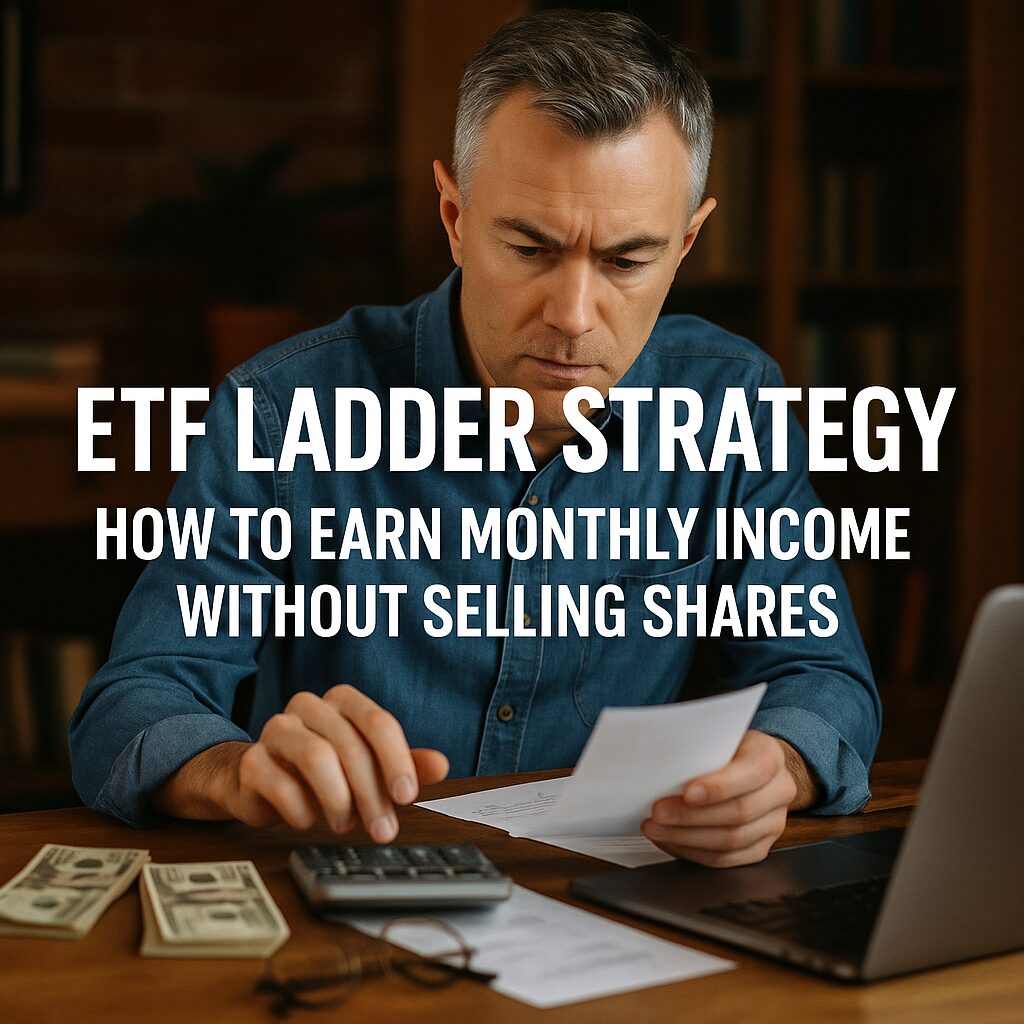 Middle-aged man calculating finances, illustrating the ETF ladder method for generating monthly income in 2025.