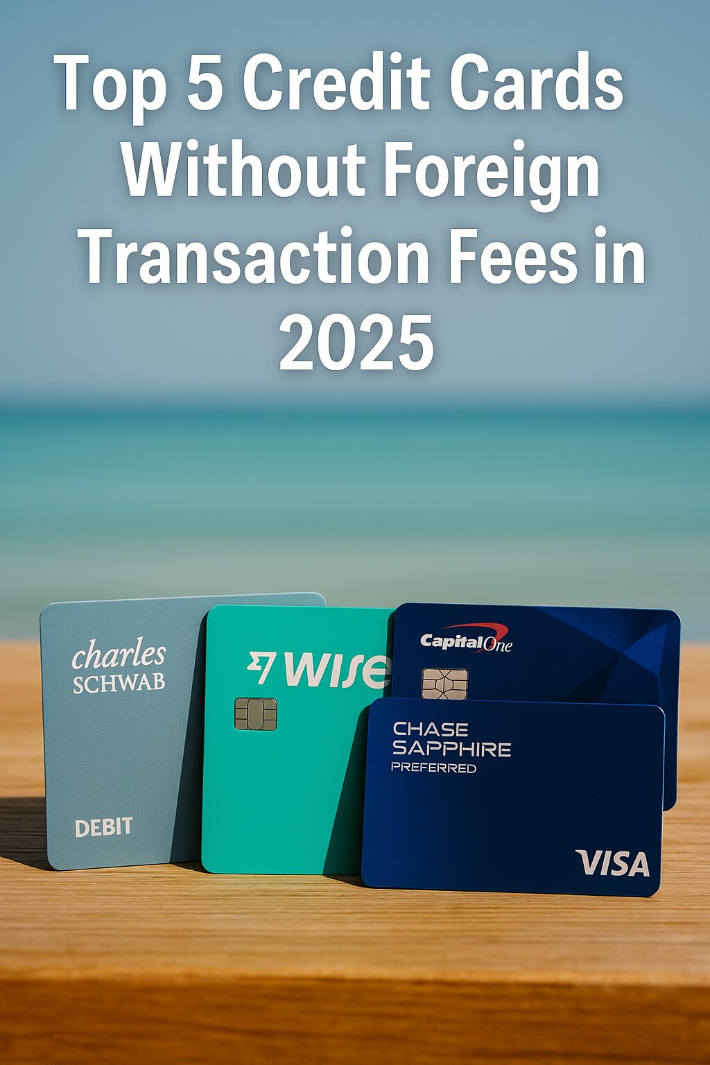 Four travel-friendly credit cards displayed on a wooden surface with a beach backdrop, promoting zero foreign transaction fees.