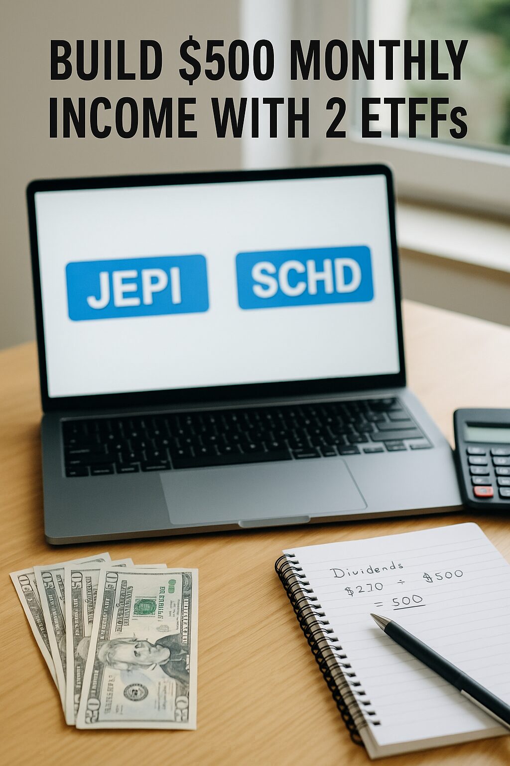 A financial workspace with a laptop displaying JEPI and SCHD ETF tickers, surrounded by a calculator, notebook, and U.S. dollar bills—visualizing a $500 monthly income strategy.