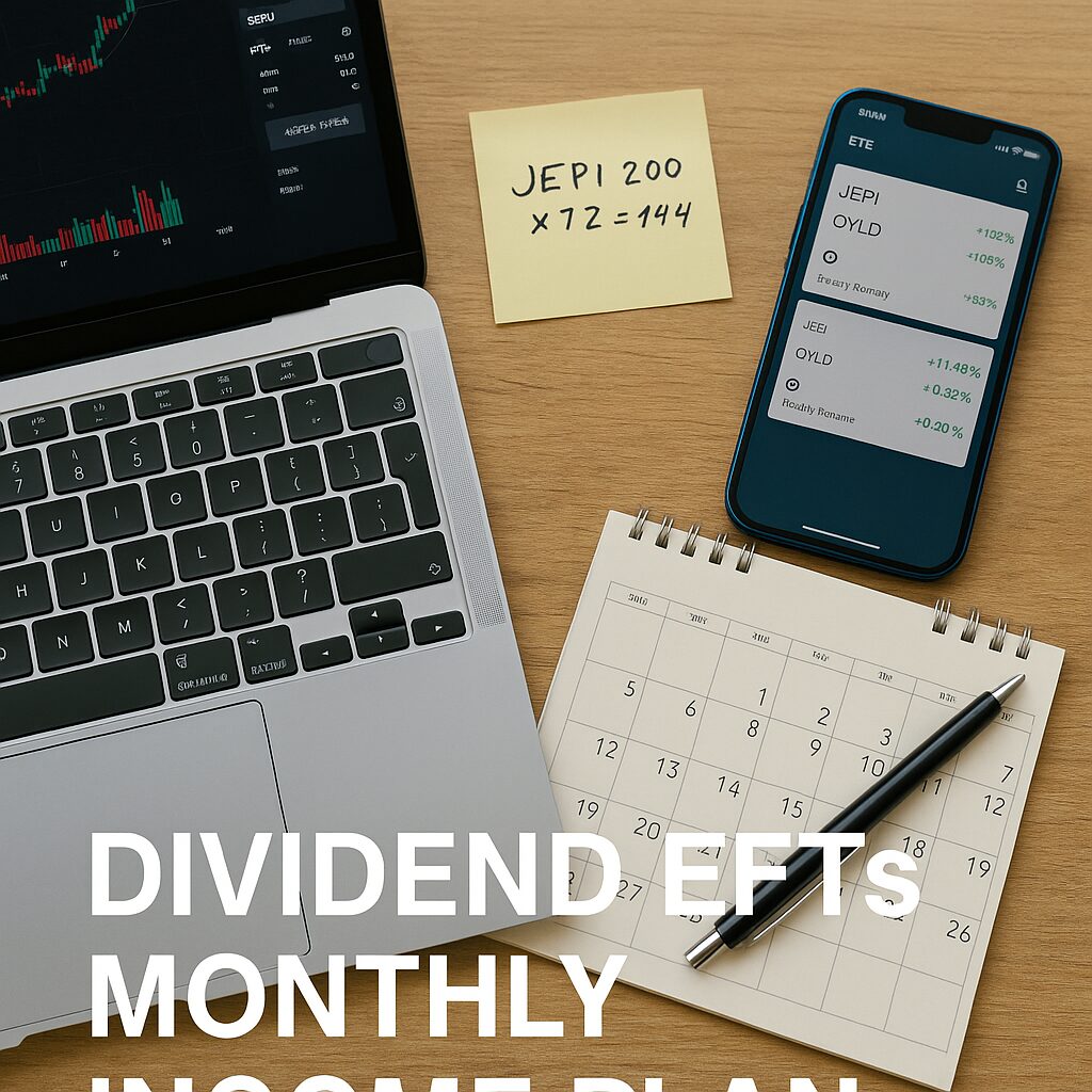A financial workspace with a laptop, notebook, and sticky notes focused on ETF income planning, featuring the tickers JEPI, QYLD, and O.