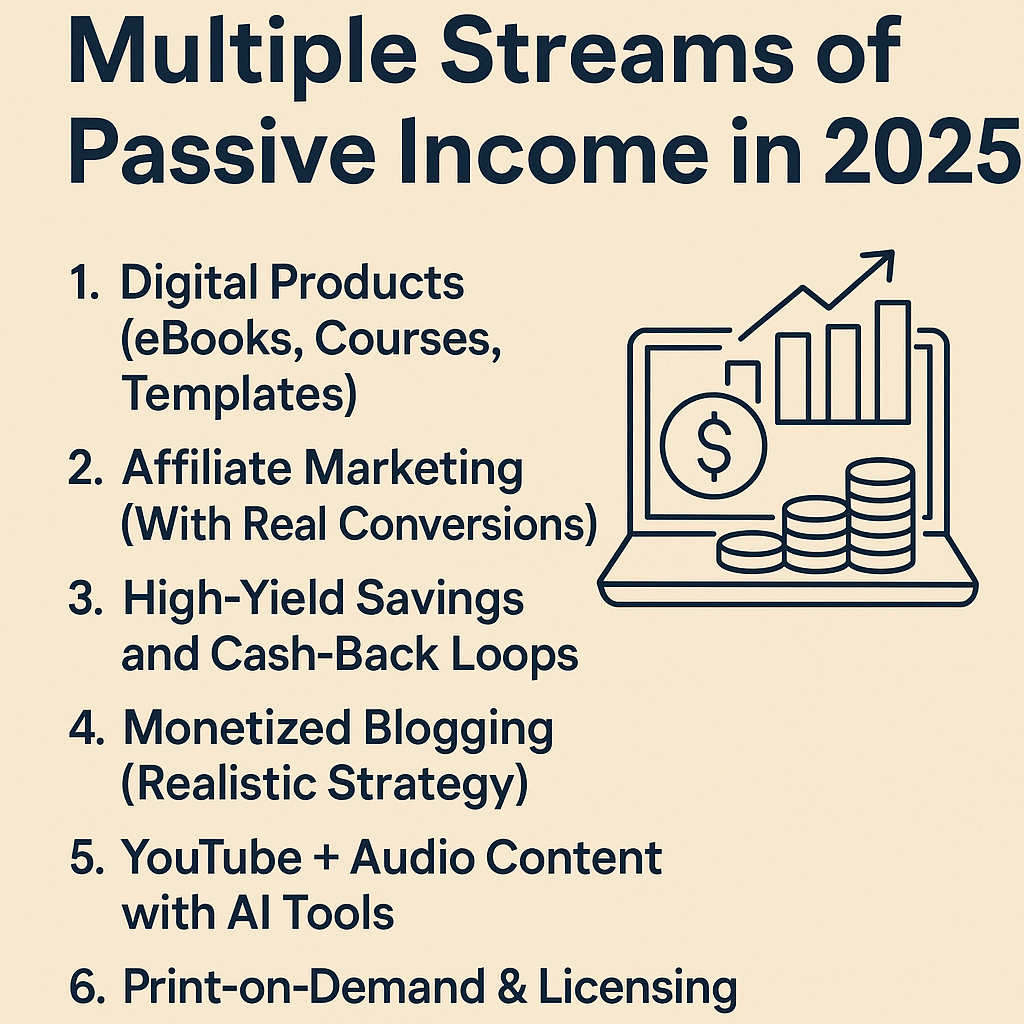 A minimalist infographic displaying six passive income methods for 2025, including digital products, affiliate marketing, and blogging, with an icon of a rising bar chart and dollar sign on a laptop screen.
