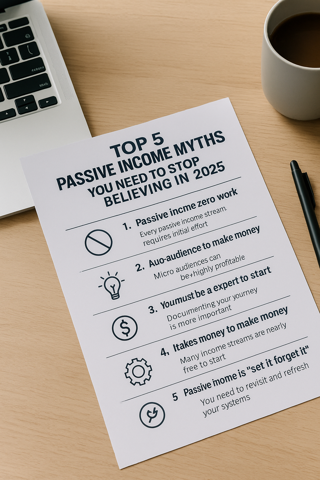Infographic listing five passive income myths for 2025 with simple icons and counterstatements: zero work, large audience, needing expertise, startup money, and set-it-and-forget-it mentality.