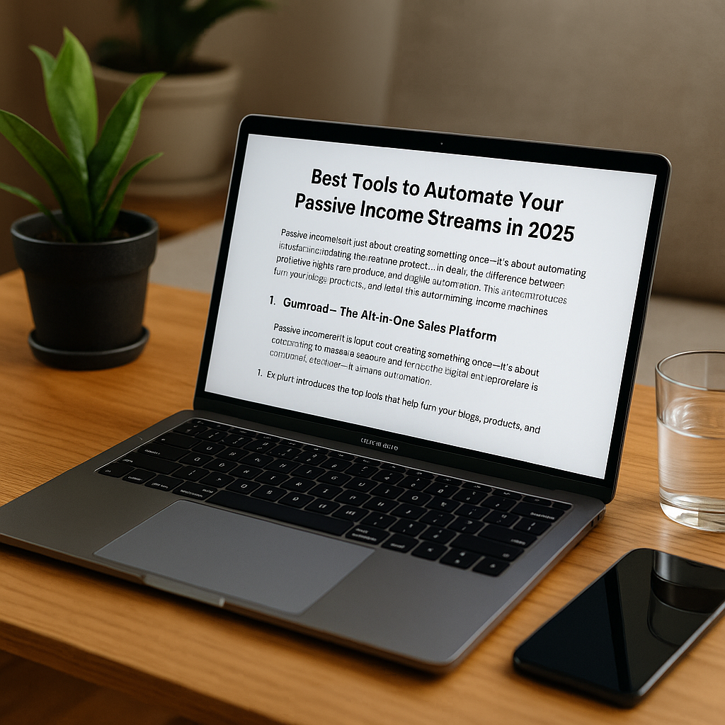 A modern workspace with a MacBook displaying a blog post titled "Best Tools to Automate Your Passive Income Streams in 2025", surrounded by a phone, a glass of water, and potted plants on a wooden table under soft natural light.