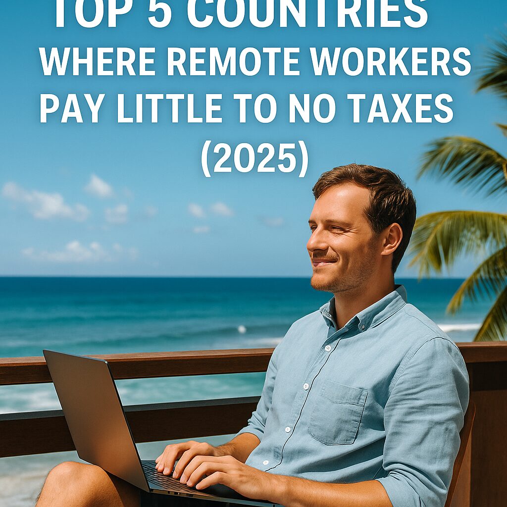 A relaxed remote worker with a laptop on a wooden deck by the ocean, representing tax-free digital nomad lifestyles in tropical countries.