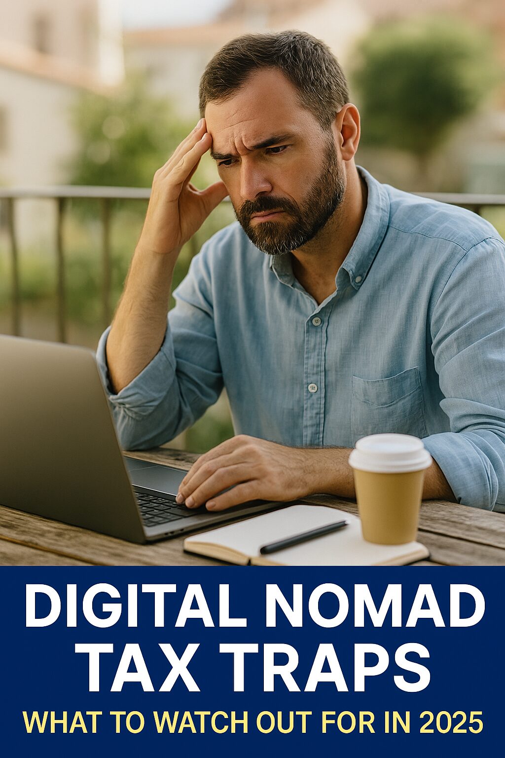 A concerned remote worker in a light blue shirt sits on a balcony with a laptop and coffee, reflecting tax-related stress while working abroad in 2025.