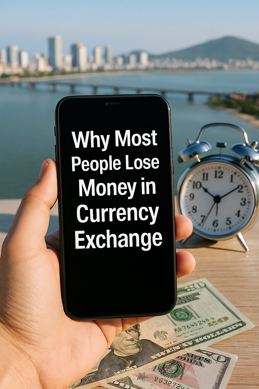 A smartphone screen displays “Why Most People Lose Money in Currency Exchange” in bold white text, held above US dollar bills with a silver analog alarm clock in the background, set against a blurred skyline and river bridge.