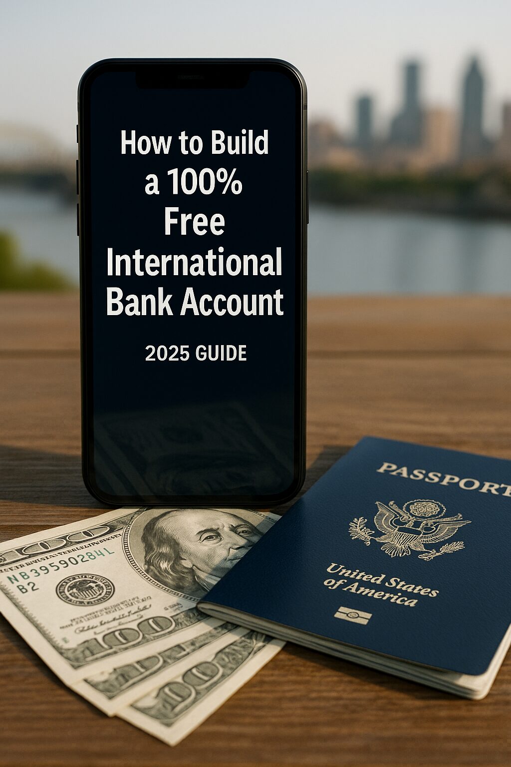 A smartphone showing the phrase “Free International Bank Account” with US dollars and a passport underneath, set on a wooden table with a blurred city skyline in the background.