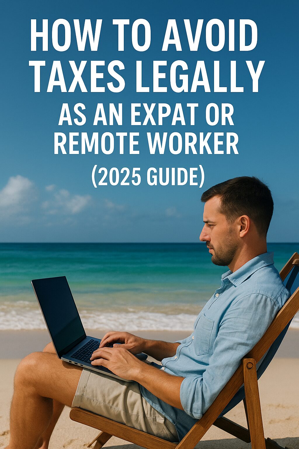 A realistic photo of a remote worker sitting outdoors with a laptop, passport, and financial documents, representing global tax planning for expats in 2025.