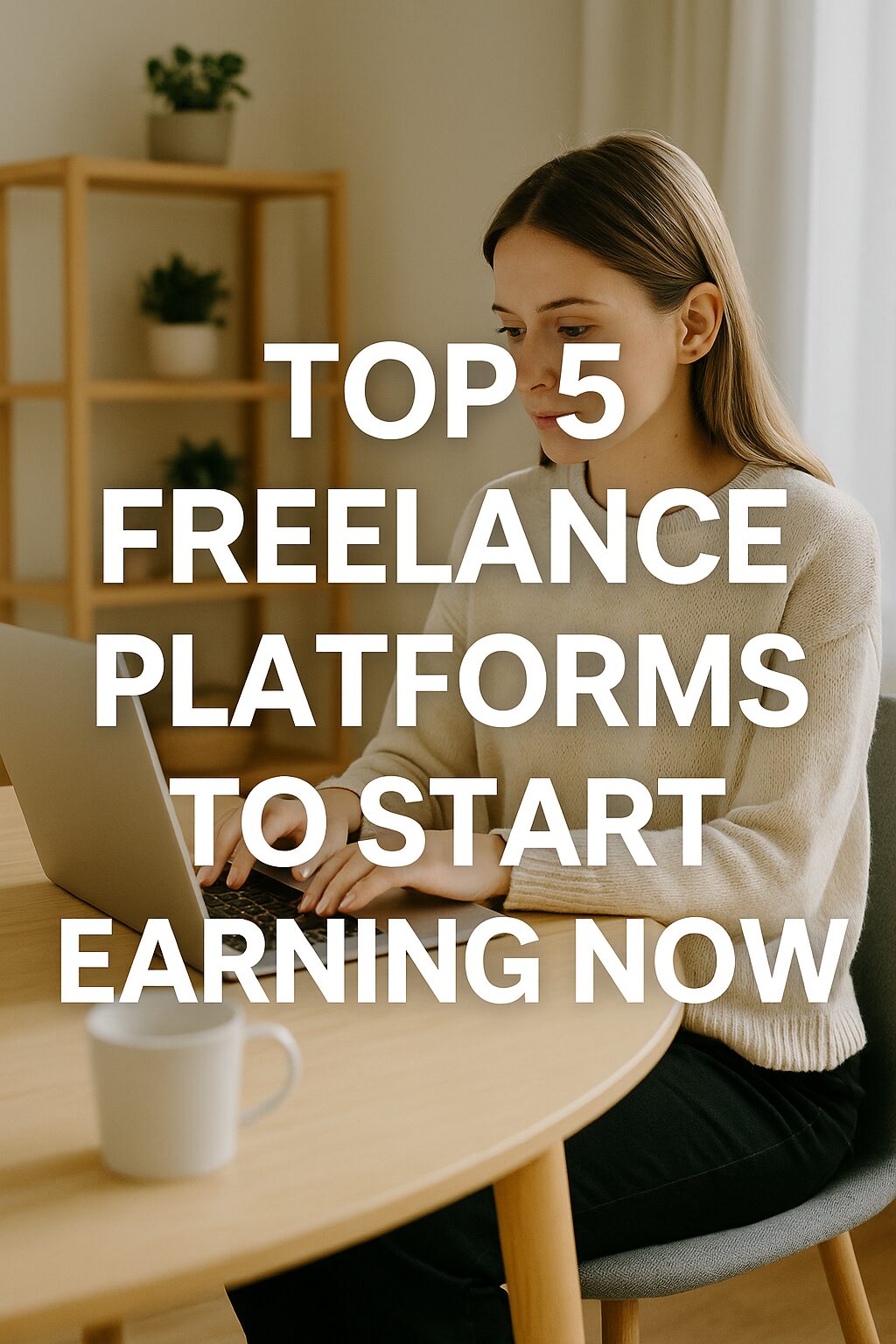 A freelancer working remotely on a laptop, browsing top freelance job platforms