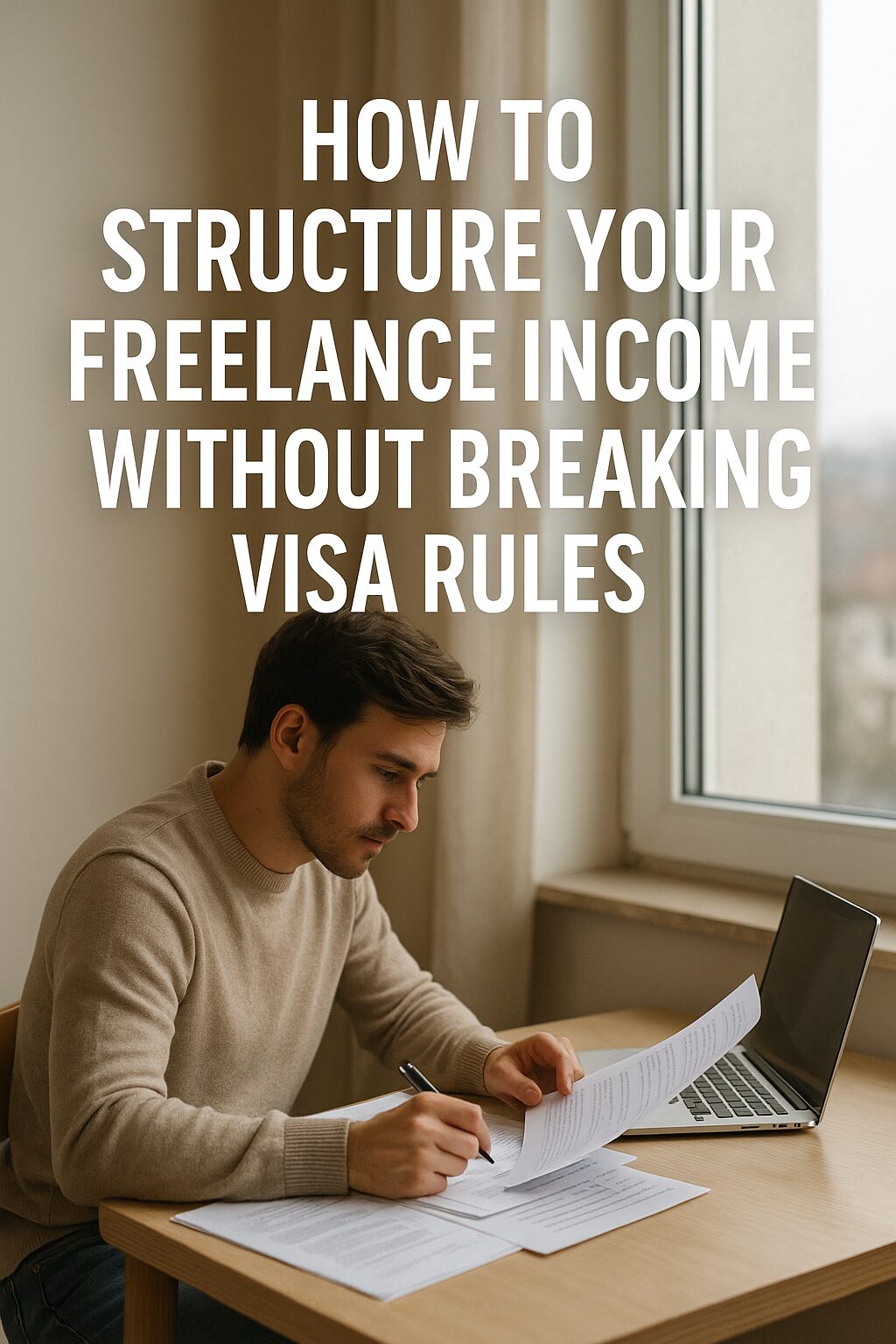 A digital nomad sitting by a window with paperwork and a laptop, planning freelance work within visa limits